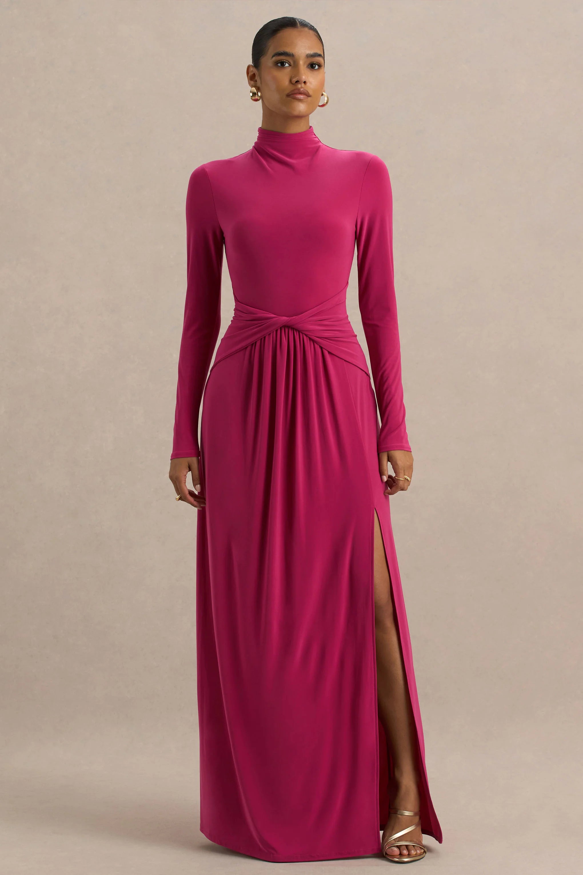 Hourglass Hot Pink Long Sleeve Twisted Maxi Dress With Split