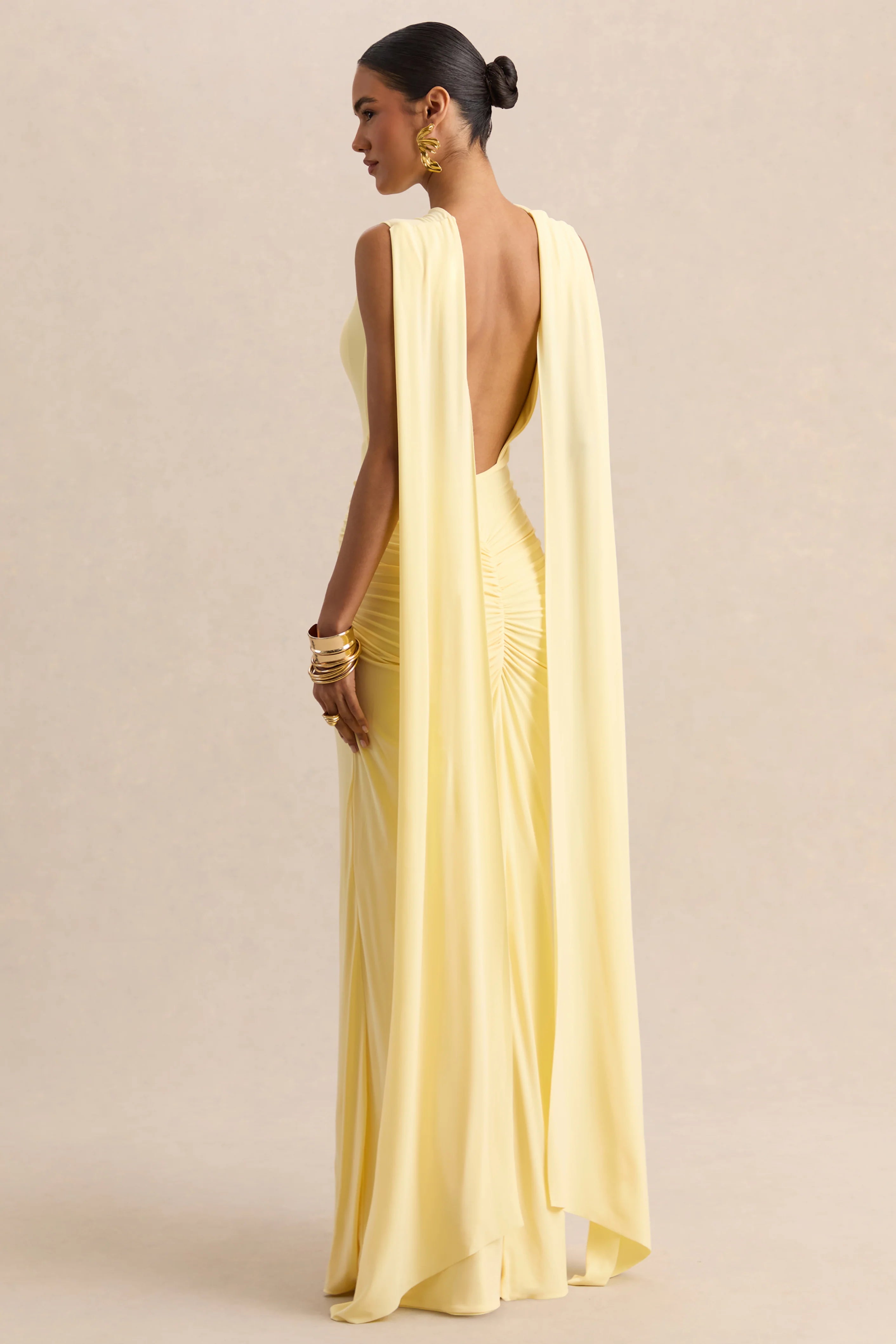 Premiere Lemon Boat Neck Maxi Dress With Cape Sleeves And Open Back