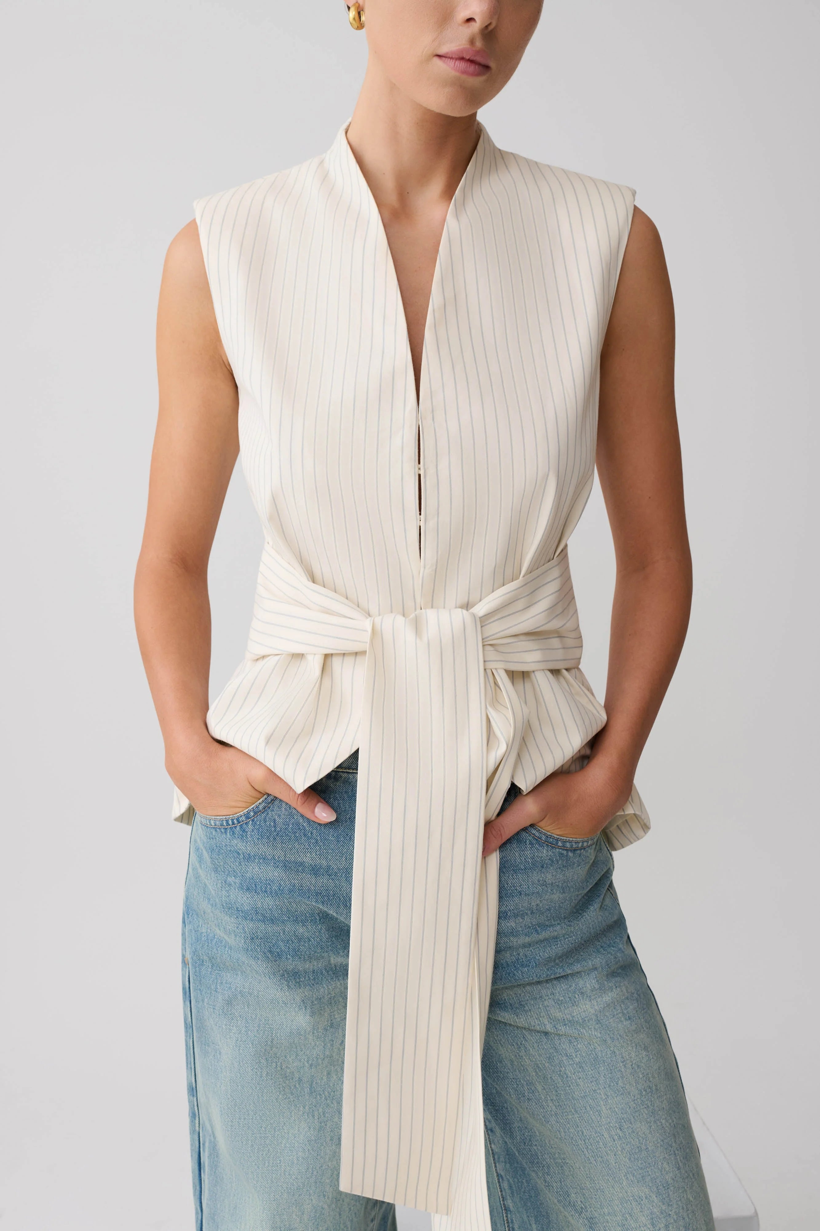 Alina Waist Tie Sleeveless Top Stripe