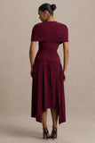 Ione Burgundy Wrapped Midi Dress With Hanky Hem