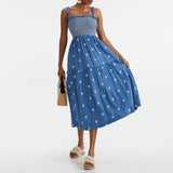 Women Floral Embroidered Maxi Dress Sleeveless Tie Shoulder Smocked Flowy Dress Boho Summer Sundresses with Pockets