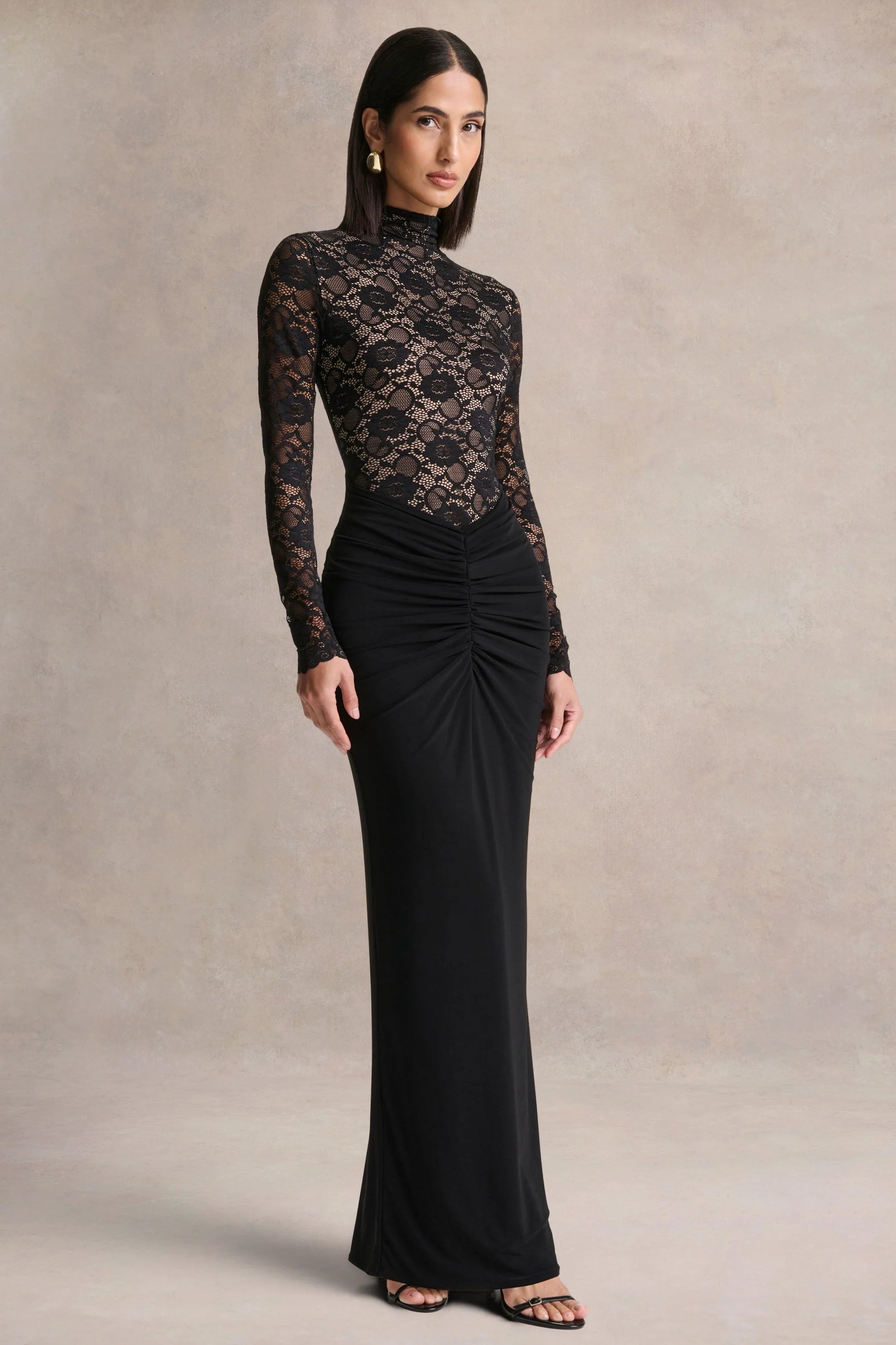 Justina Black High Neck Maxi Dress With Gathered Detailing