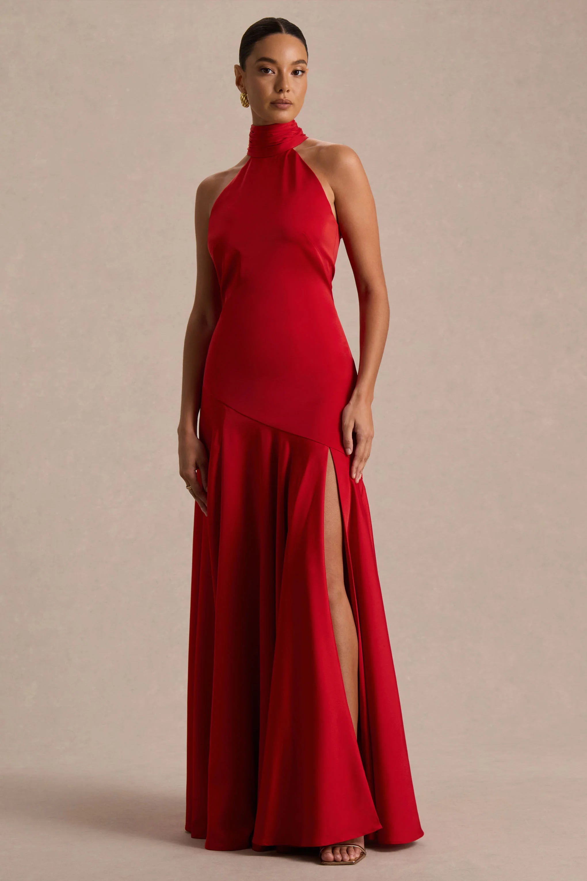 Luscious Red High Neck Maxi Dress With Drop Waist And Bow Detail