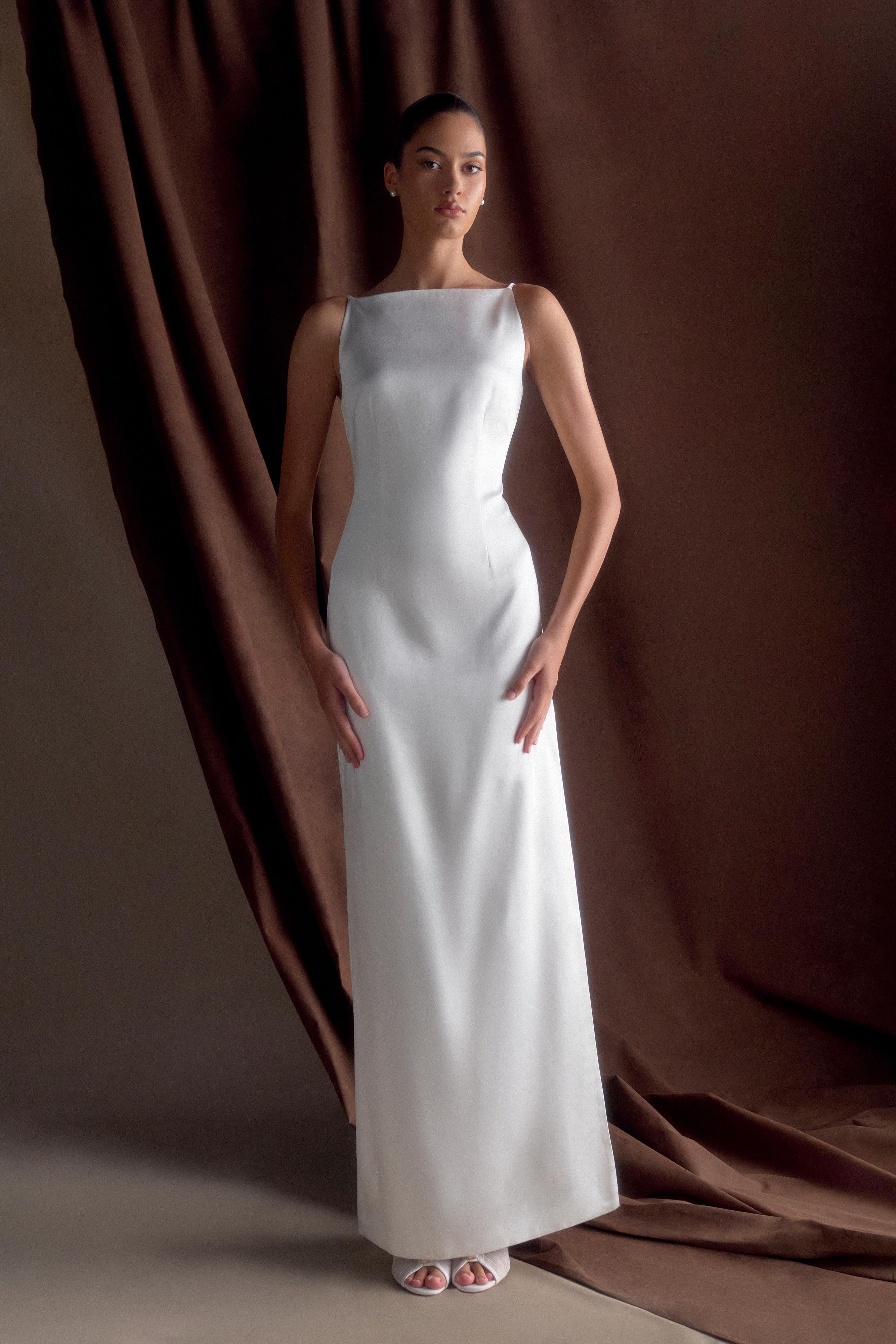 Violet Sleeveless Satin Maxi Dress White