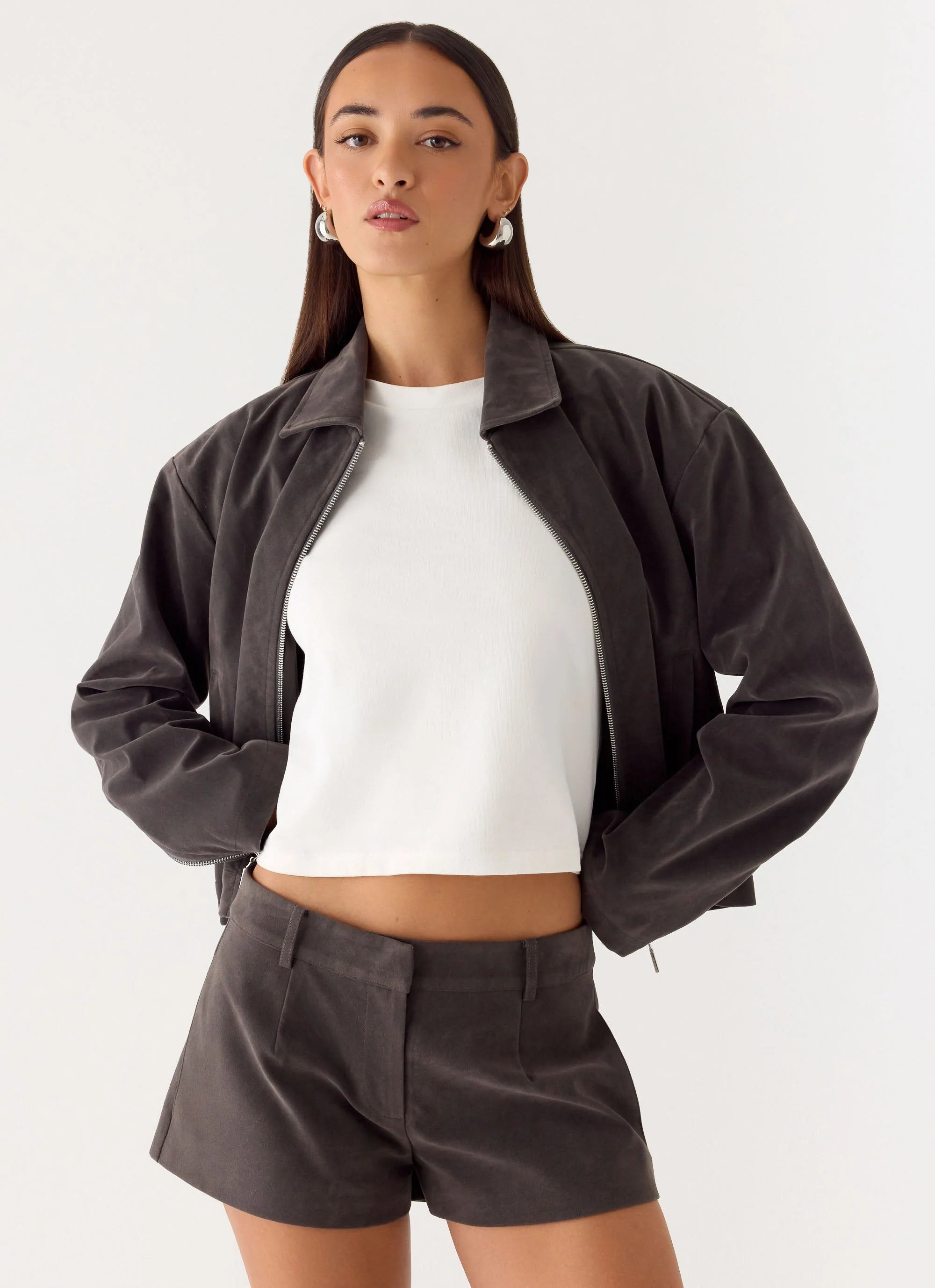 Austina Faux Suede Boxy Jacket Tan Grey