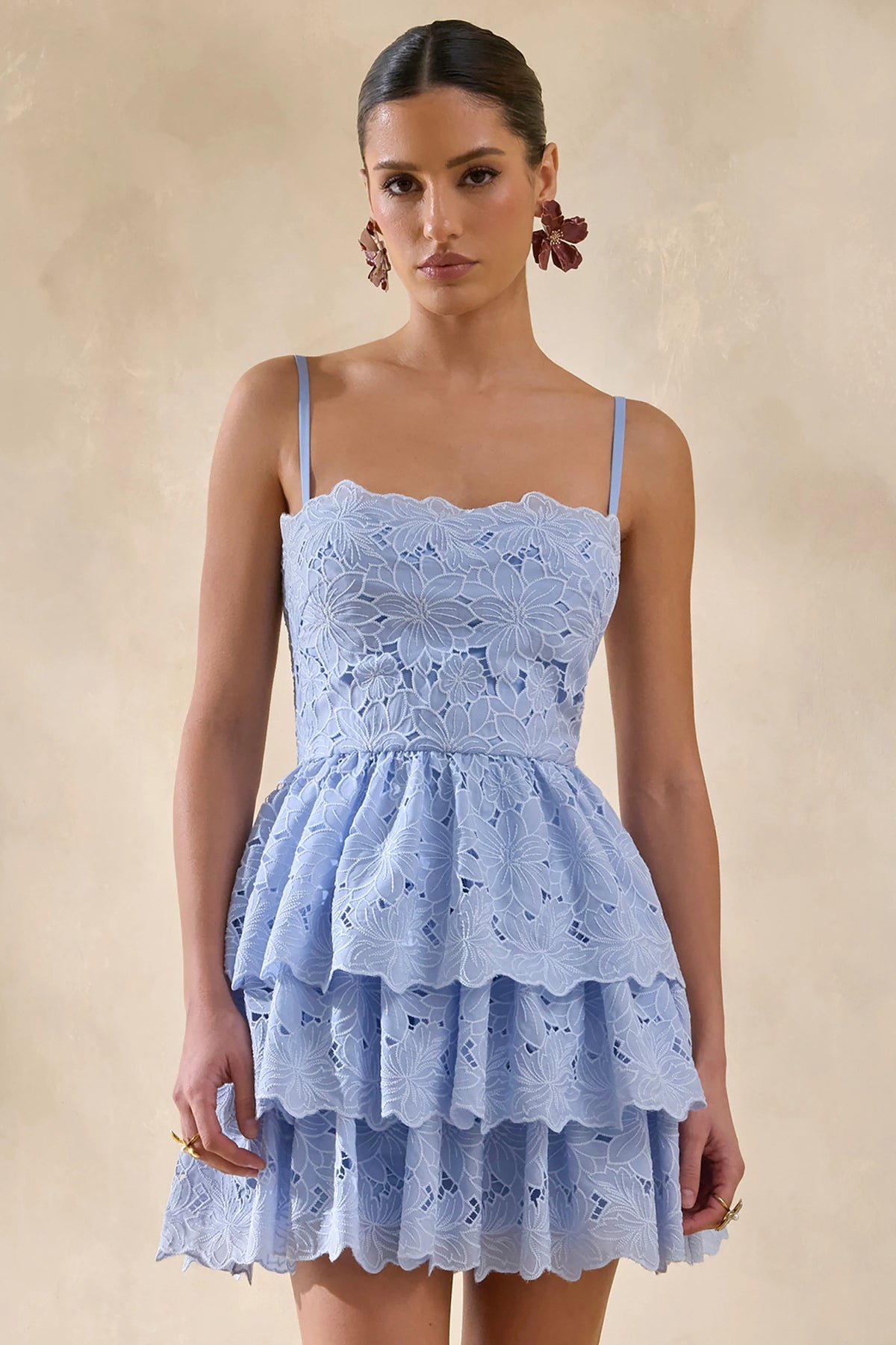Winona Powder Blue Lace Square Neck Mini Dress With Ruffled Detailing