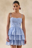 Winona Powder Blue Lace Square Neck Mini Dress With Ruffled Detailing