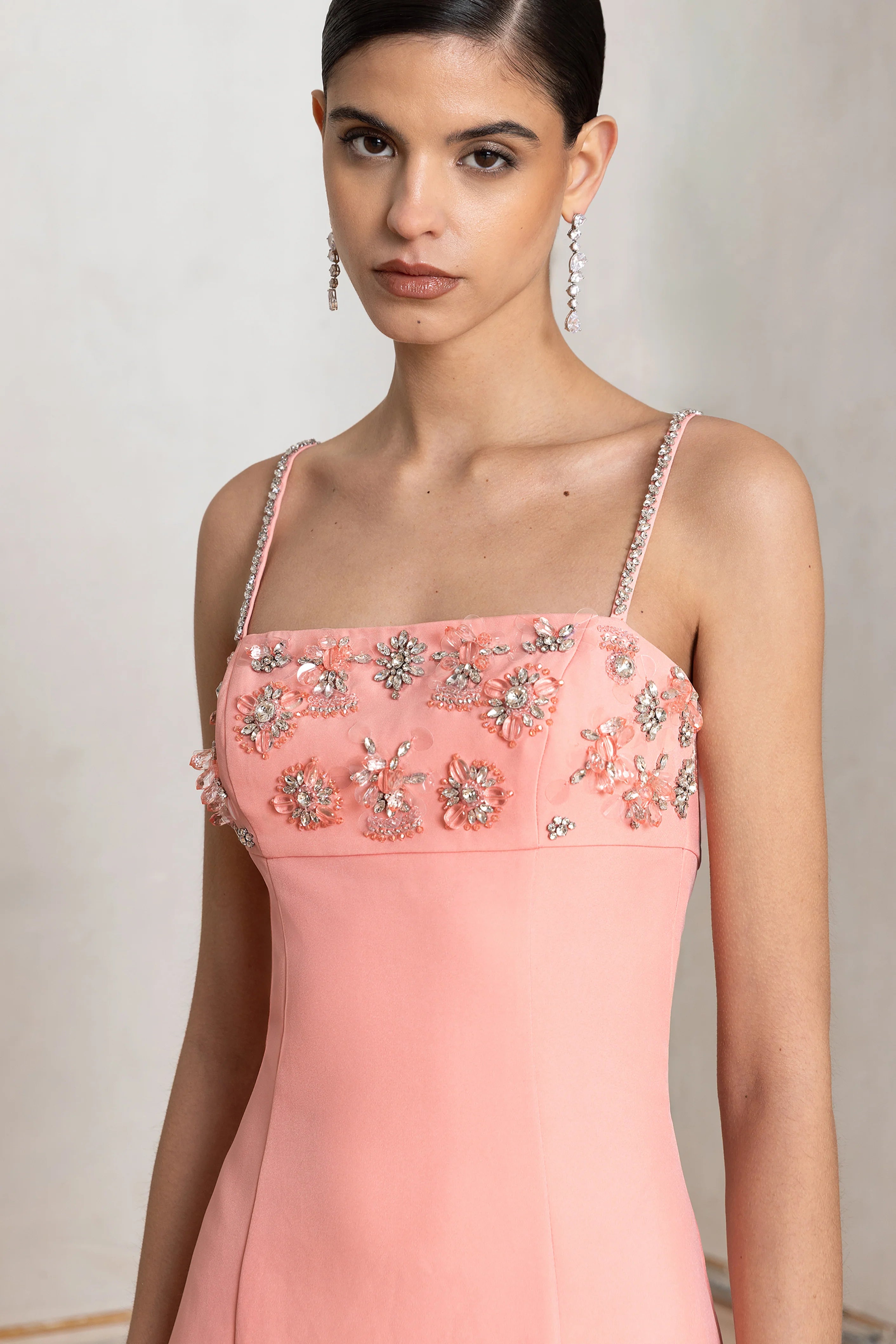 One To Remember Coral Square Neck Embellished Midi Dress