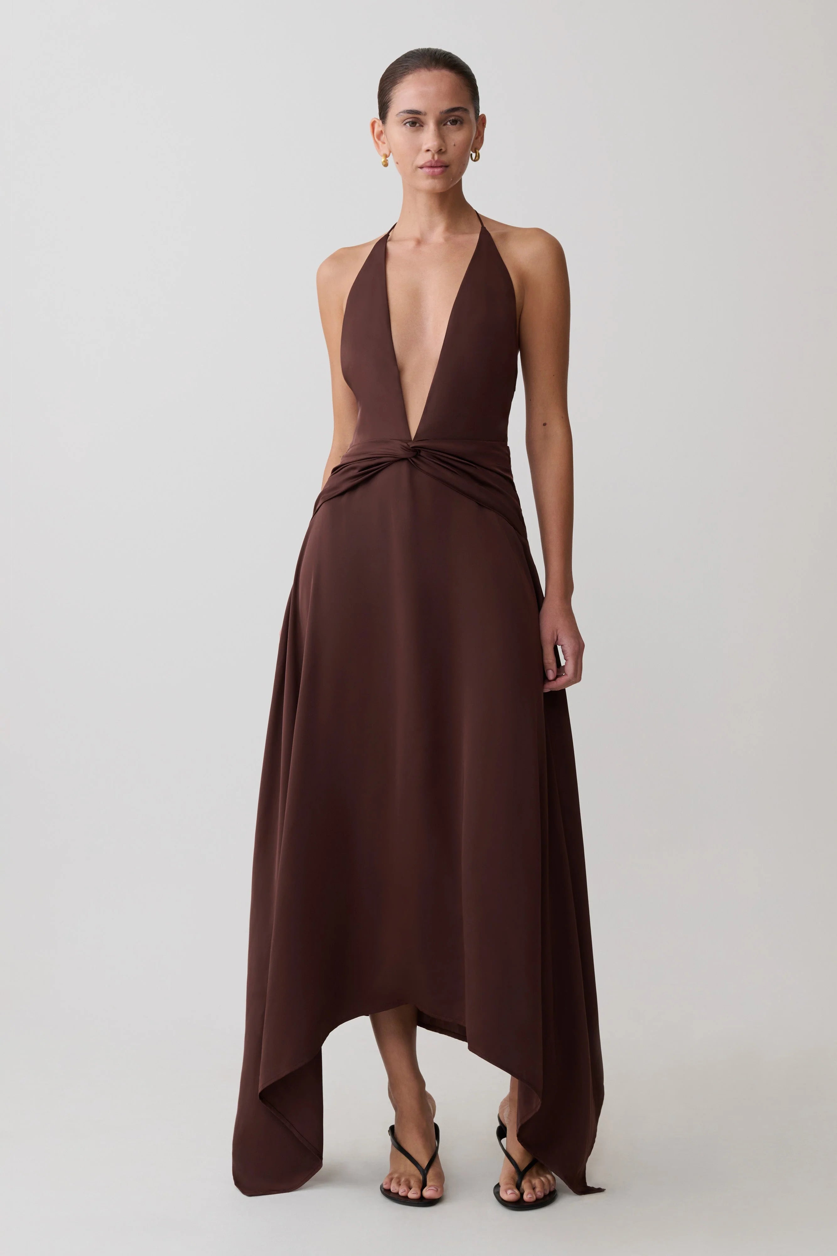Cyra Plunge Satin Midi Dress Dark Chocolate