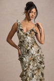 Wispy Snake Print Plunge Neck Ruffled Maxi Dress