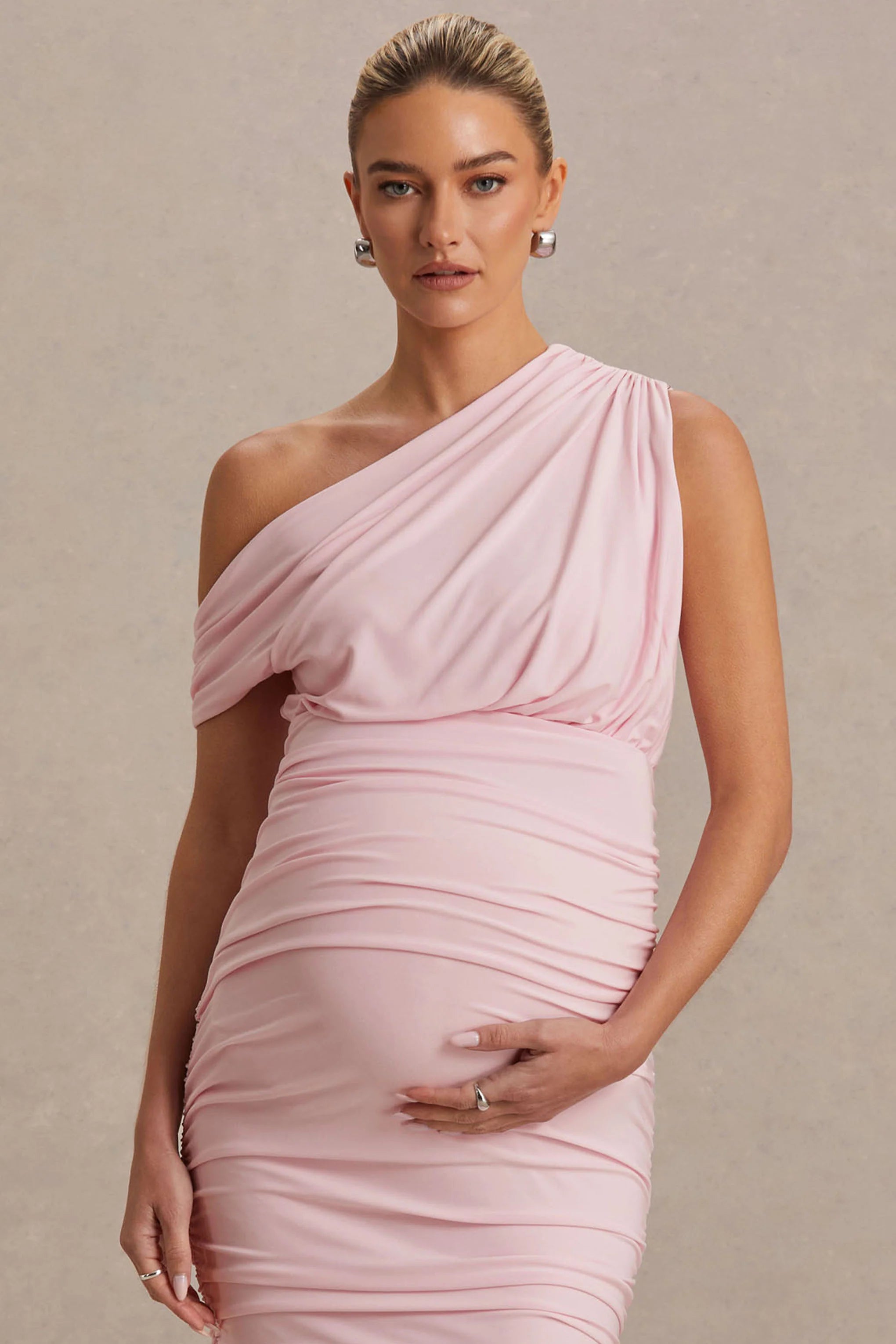 Linnea Blush Pink Asymmetric Neck Maternity Midi Dress
