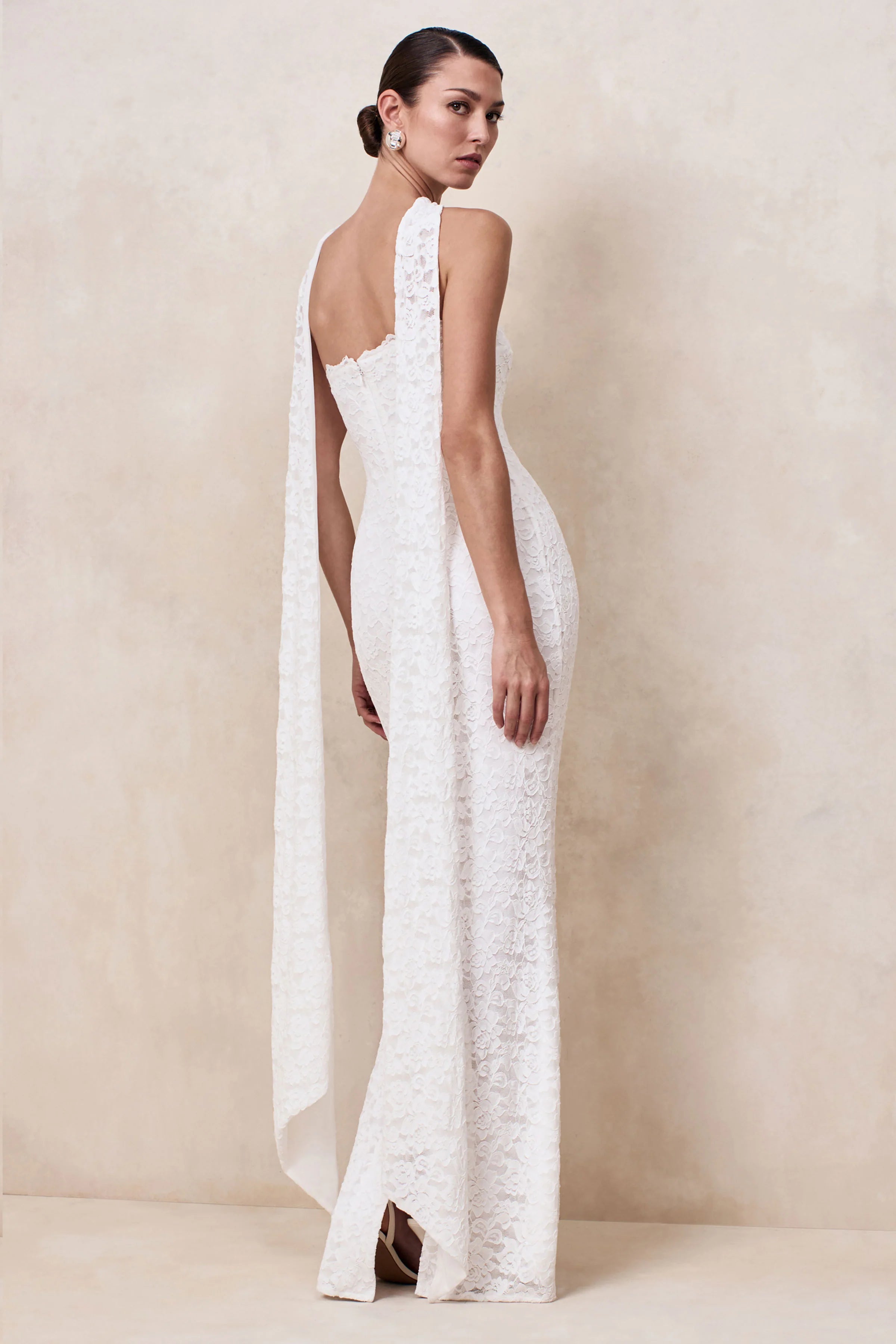 Massima White Lace Bandeau Maxi Dress With Scarf Detail
