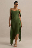 Tiara Green Asymmetric Midi Dress With Draping Detailing and Open Back