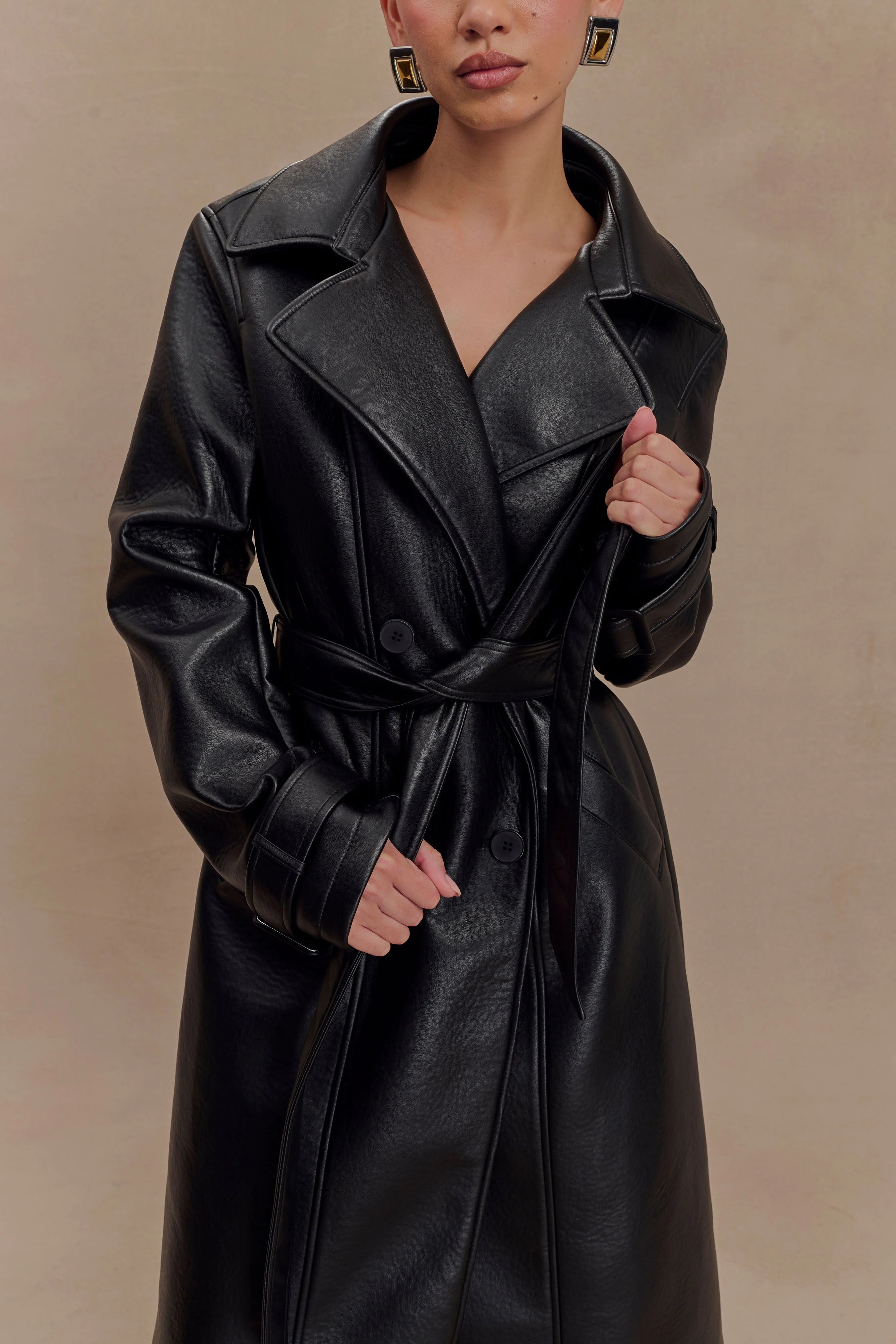 Tarah Faux Leather Trench Coat Black