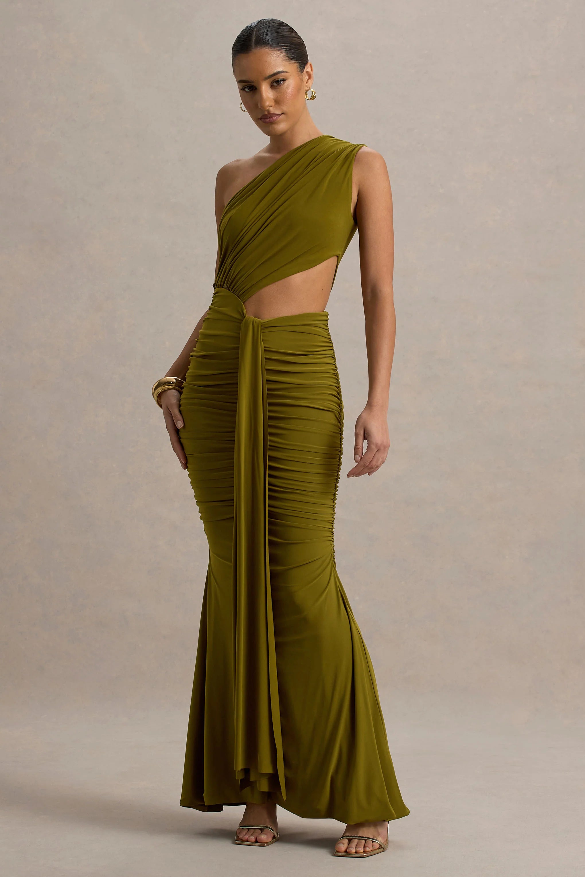 Beline Green One Shoulder Cut Out Maxi Dress With Drape