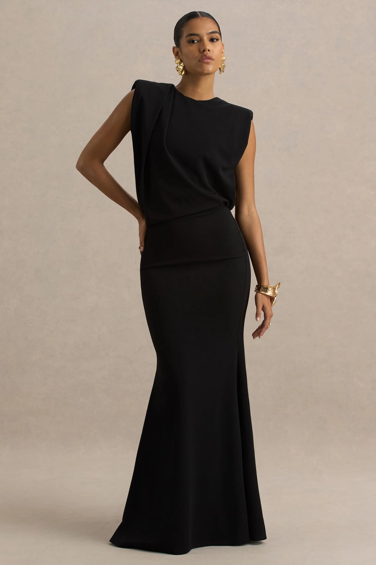 Meave Black Boat Neck Maxi Dress With Draped Detail