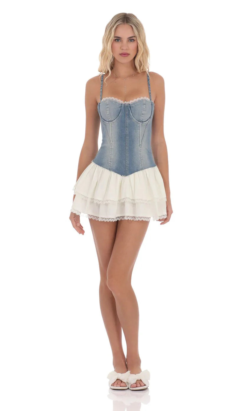 Two Toned Denim Ruffle Dress in Blue and White