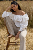 Cove White Bardot Puff Sleeve Ruffle Top With Bows