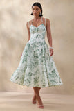 Audrey Green Floral Print Sweetheart Neck Midi Dress With Ruching Detail