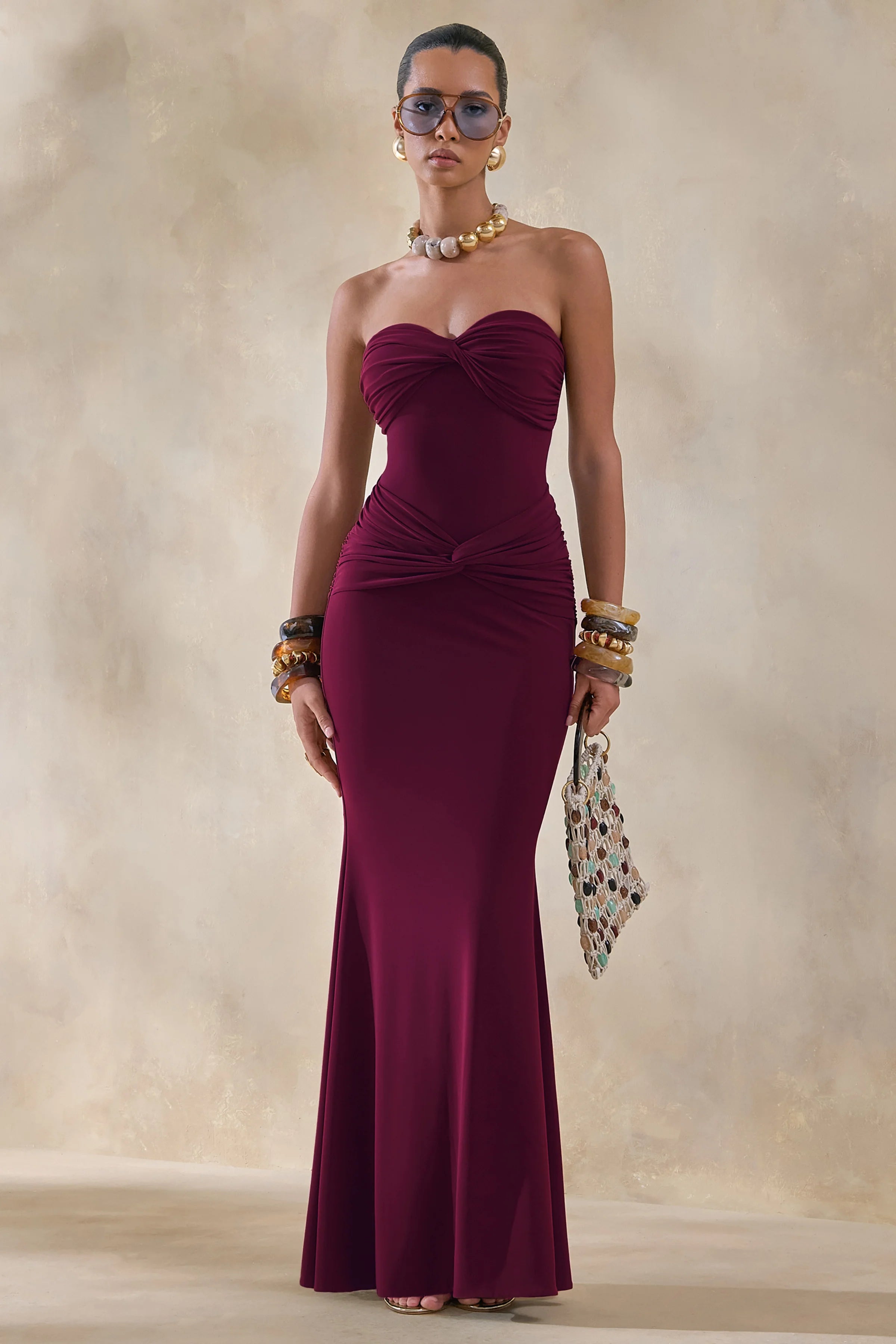 Elodia Burgundy Bandeau Maxi Dress With Gathered Detailing
