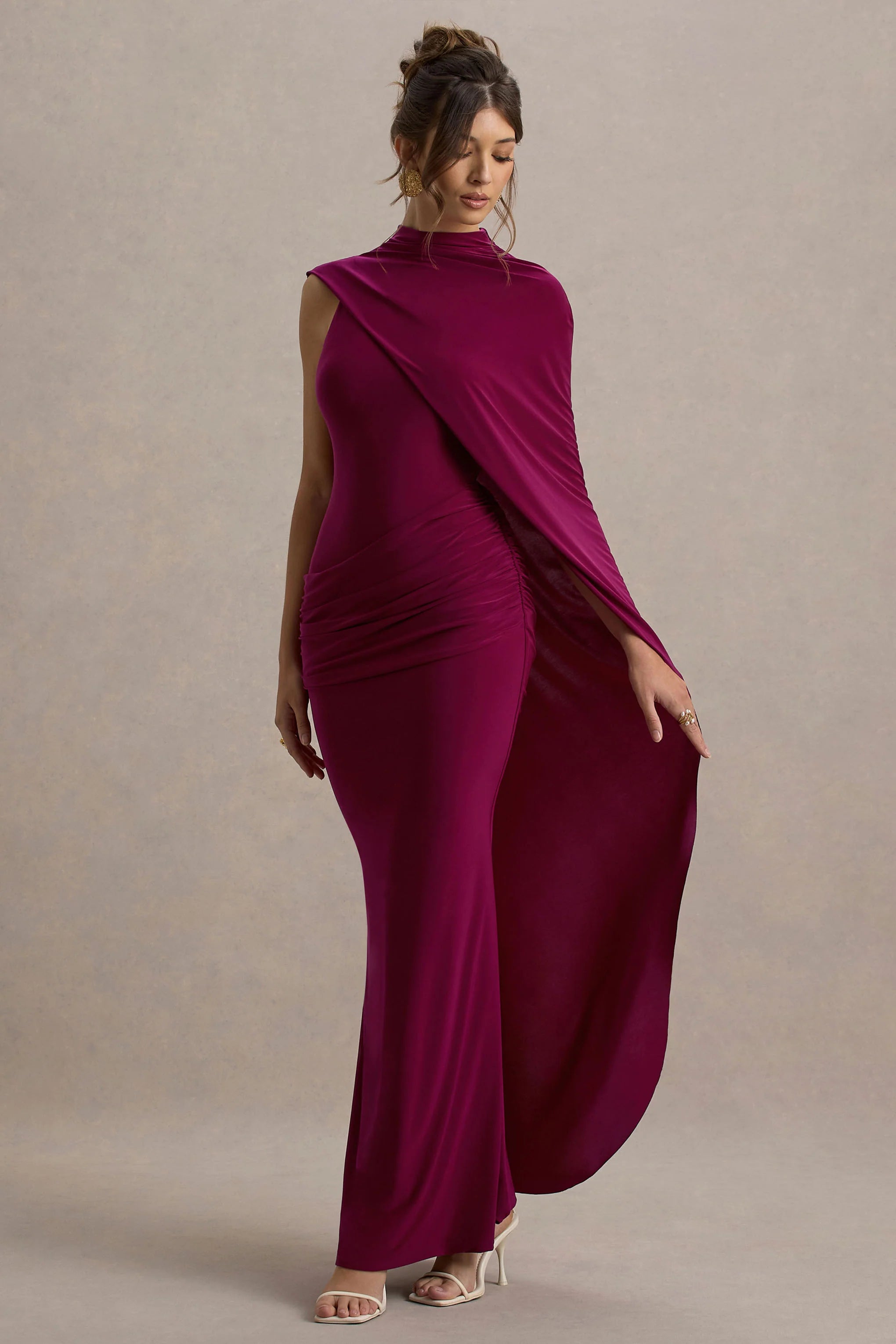 Maeve Burgundy Cape Sleeve Draped Maxi Dress