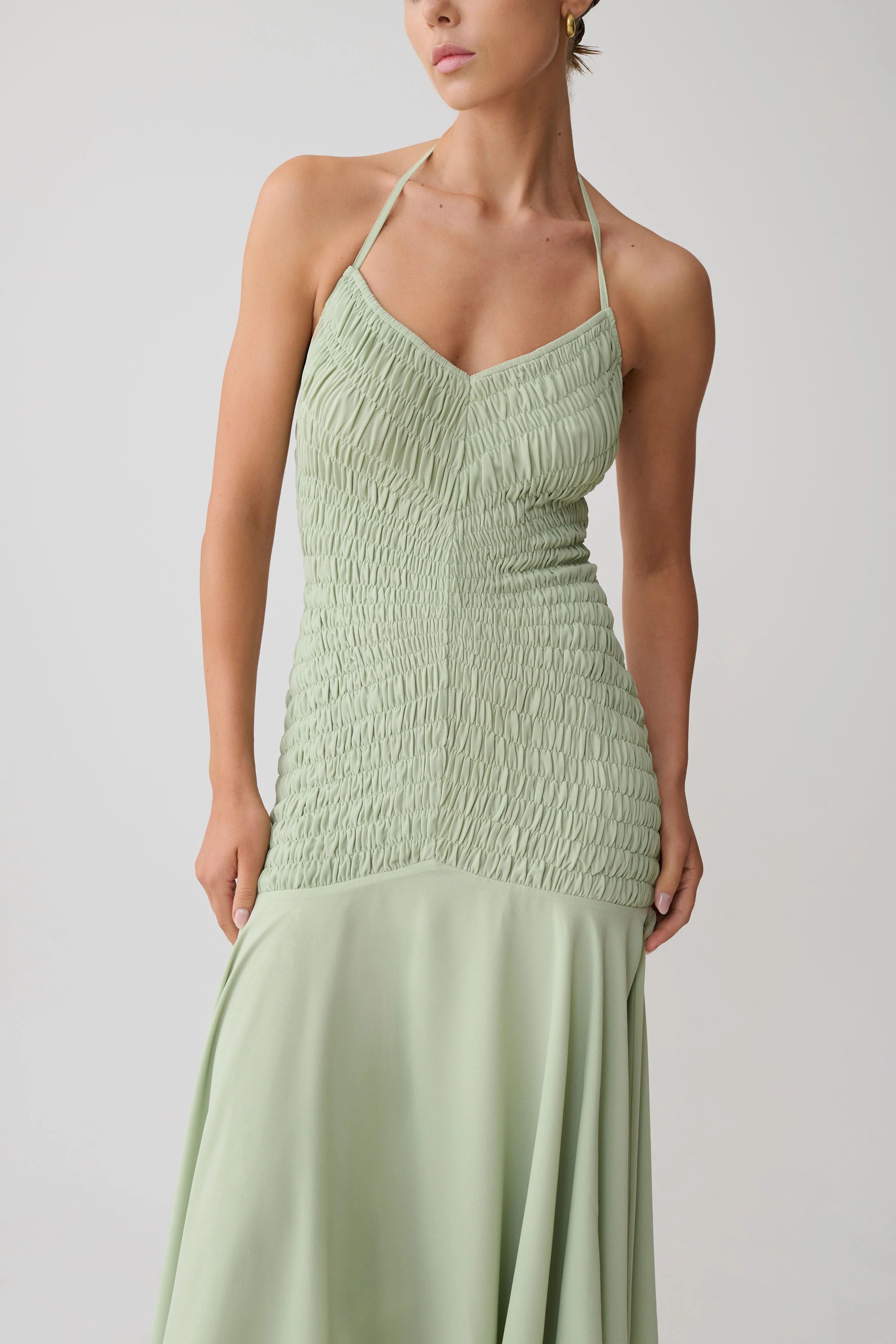 Evelyn Shirred Chiffon Maxi Dress Sage