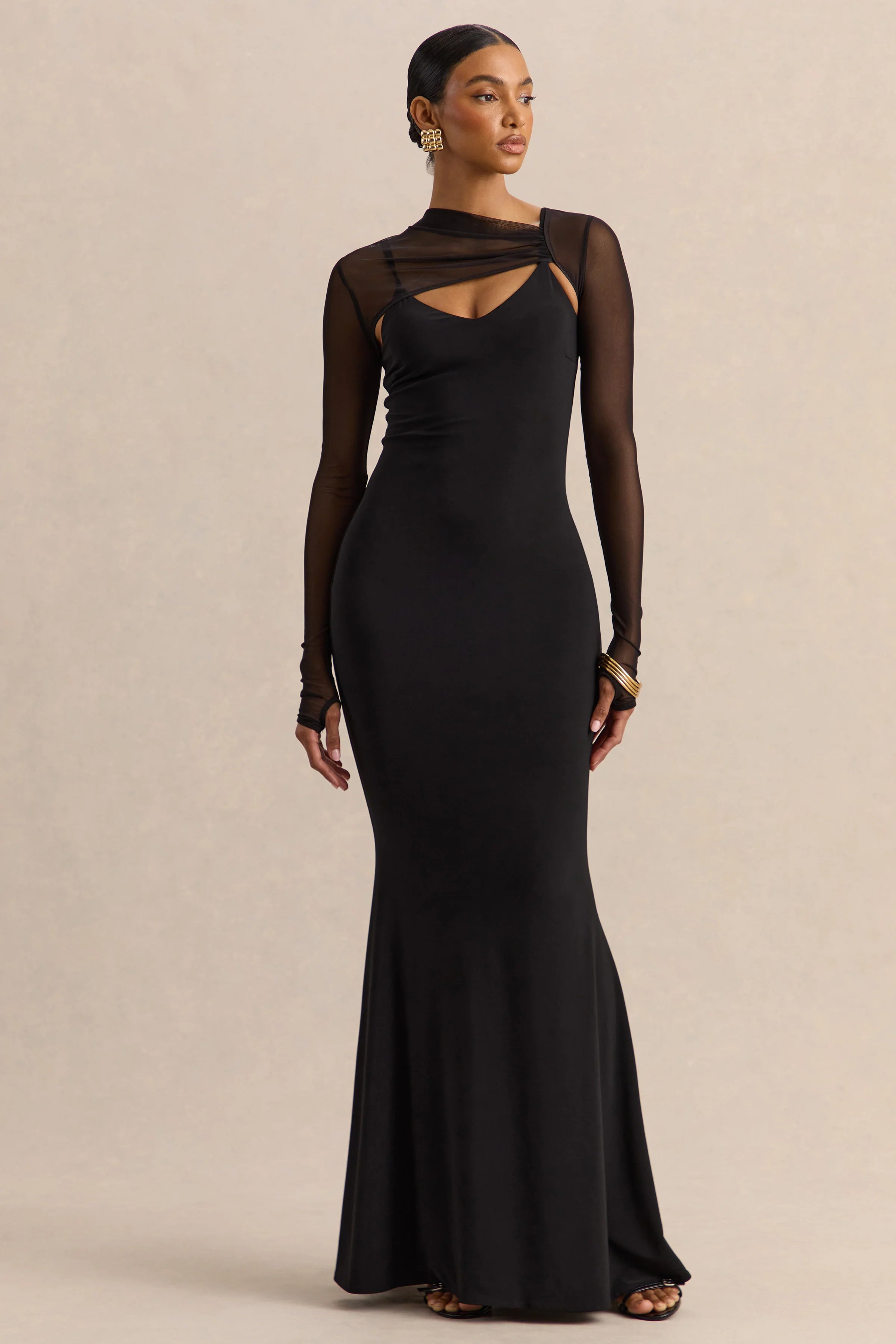 Coralia Black Asymmetric Neck Maxi Dress With Mesh Long Sleeves
