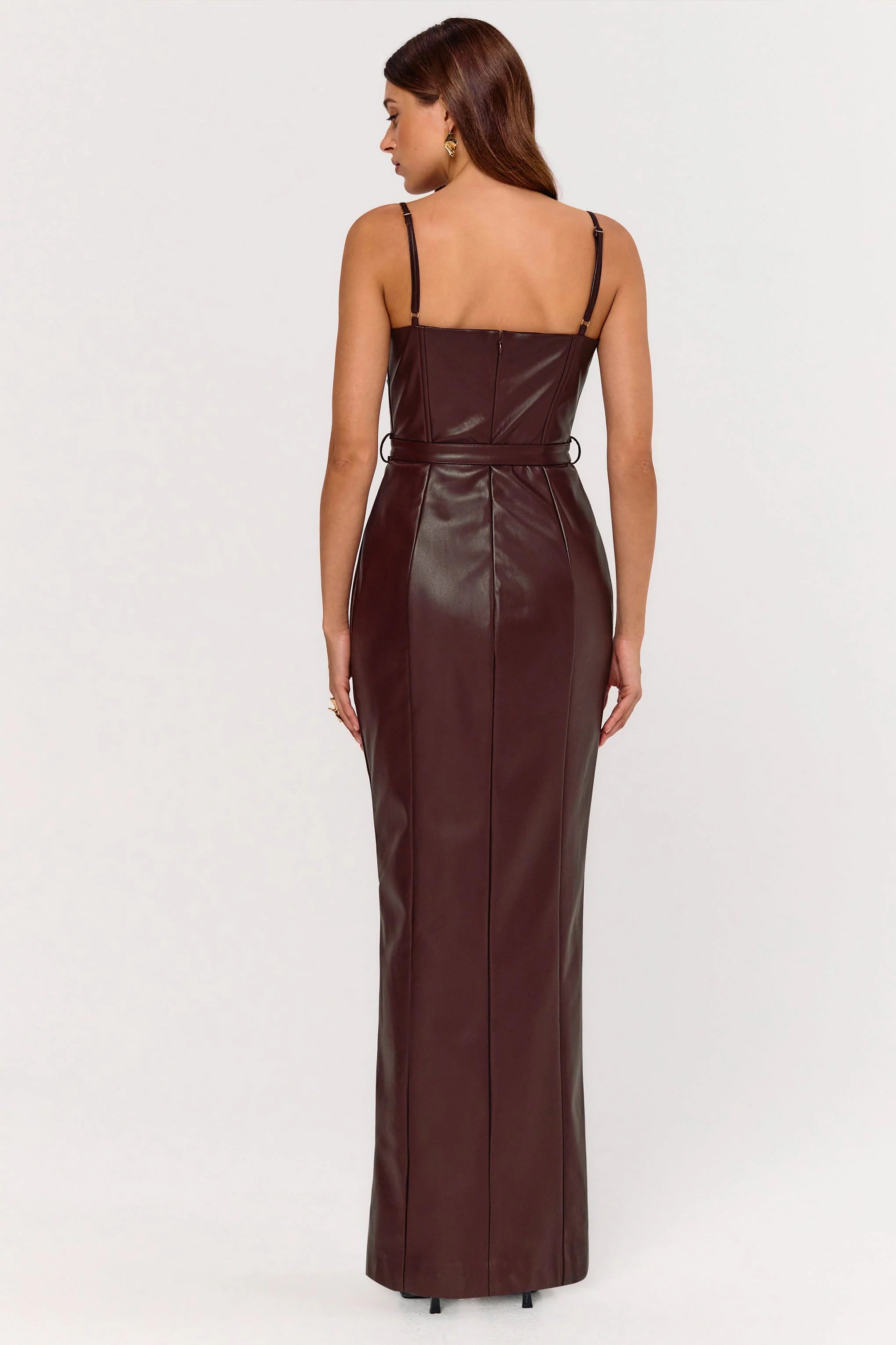 Lila Burgundy Faux Leather Plunge Neck Maxi Dress With Split