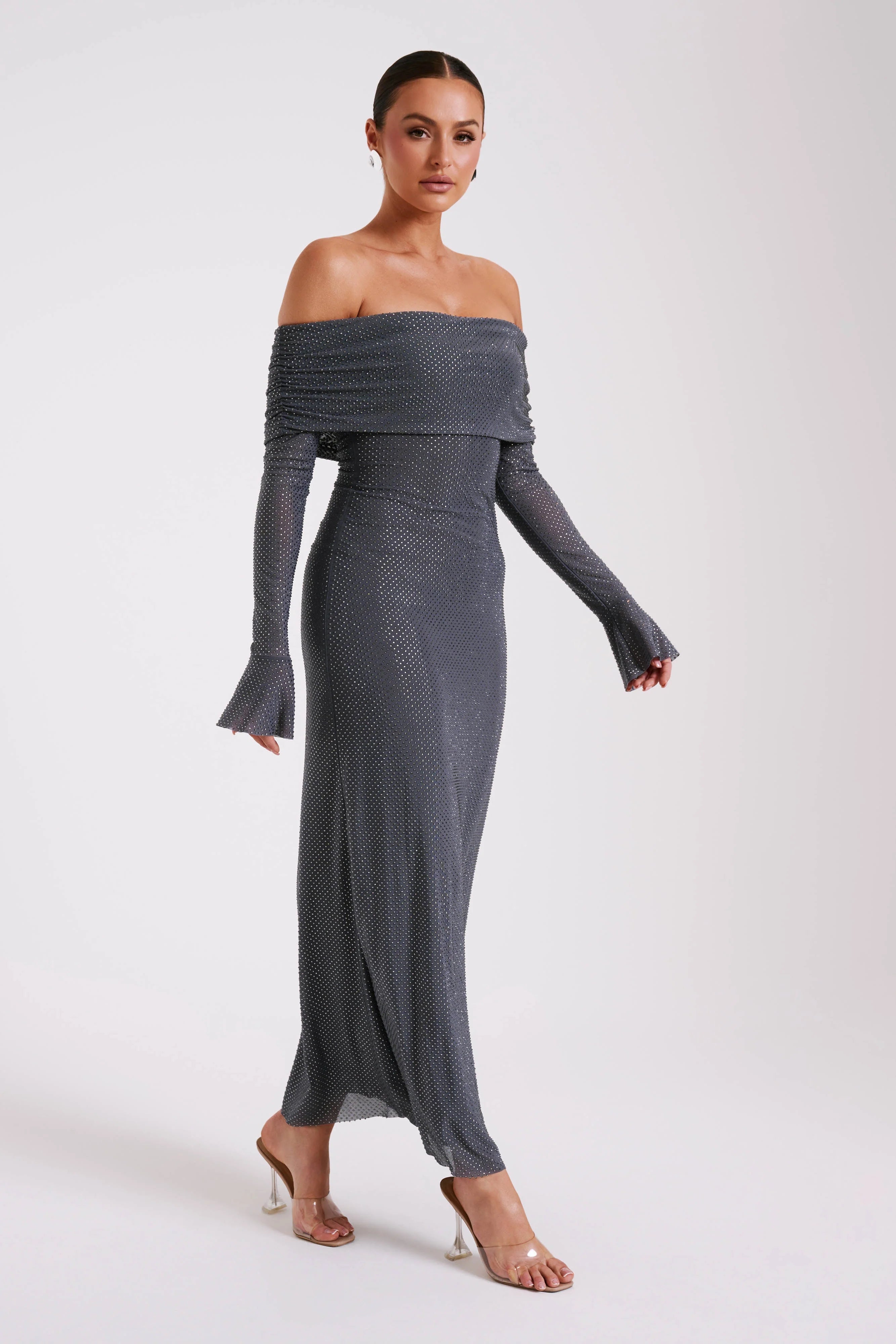 Marcel Off Shoulder Diamante Maxi Dress Gunmetal