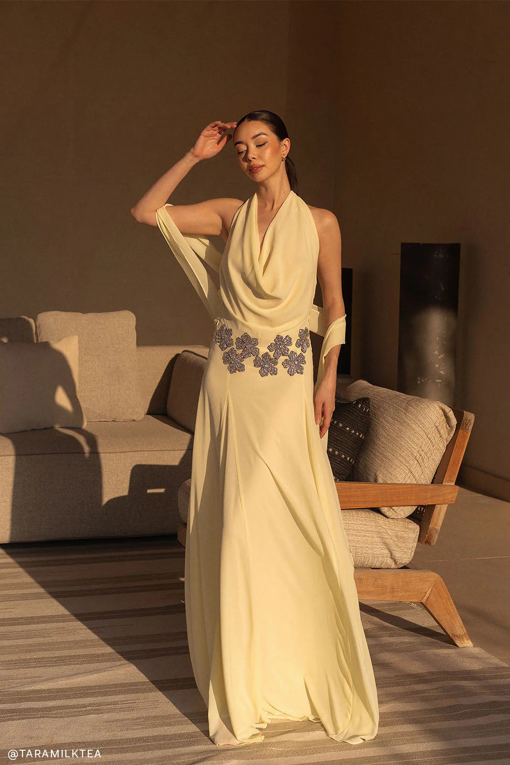 Santal Floral Chiffon Halter Maxi Dress Lemon