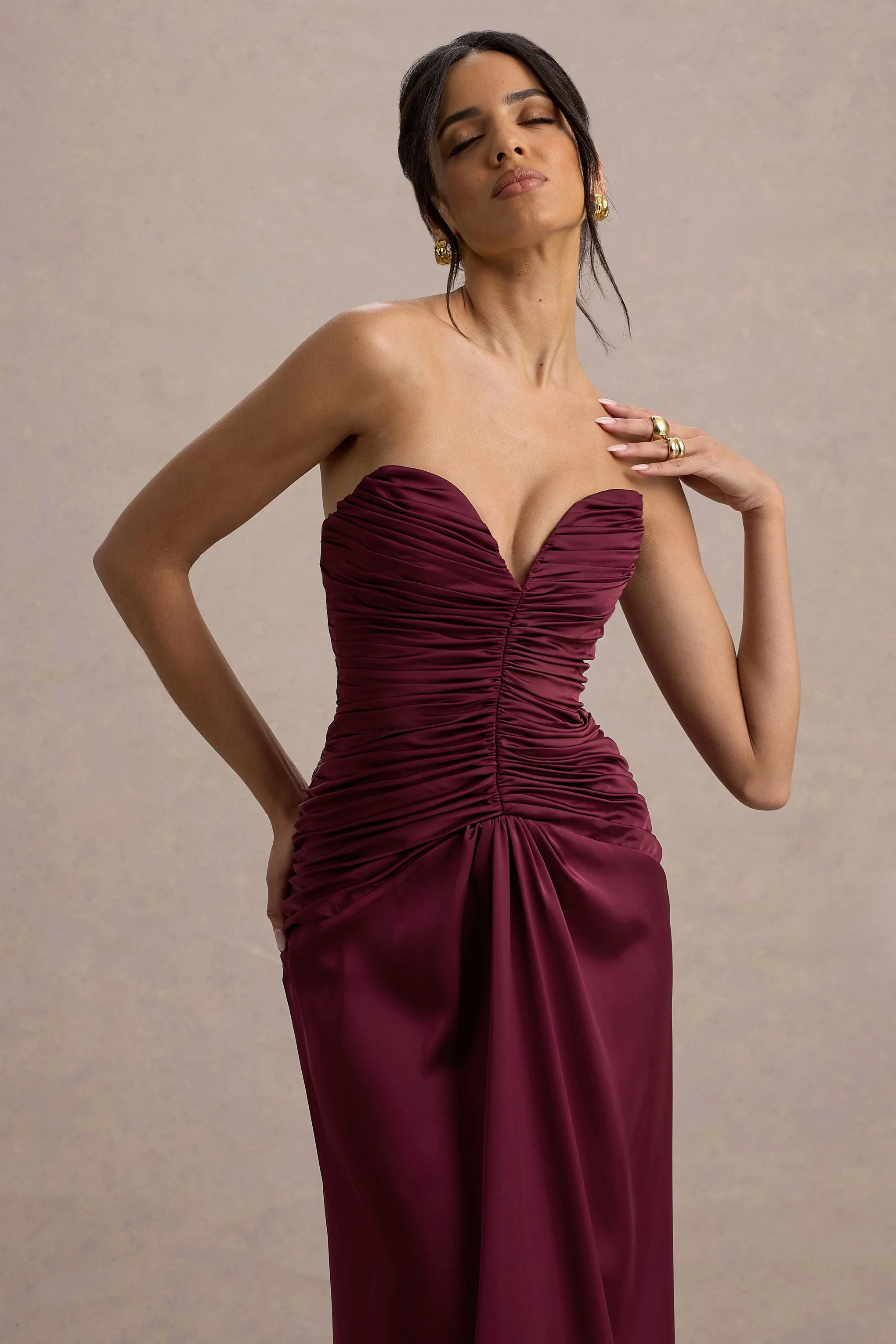 Desirie Plum Satin Sweetheart Gathered Maxi Dress
