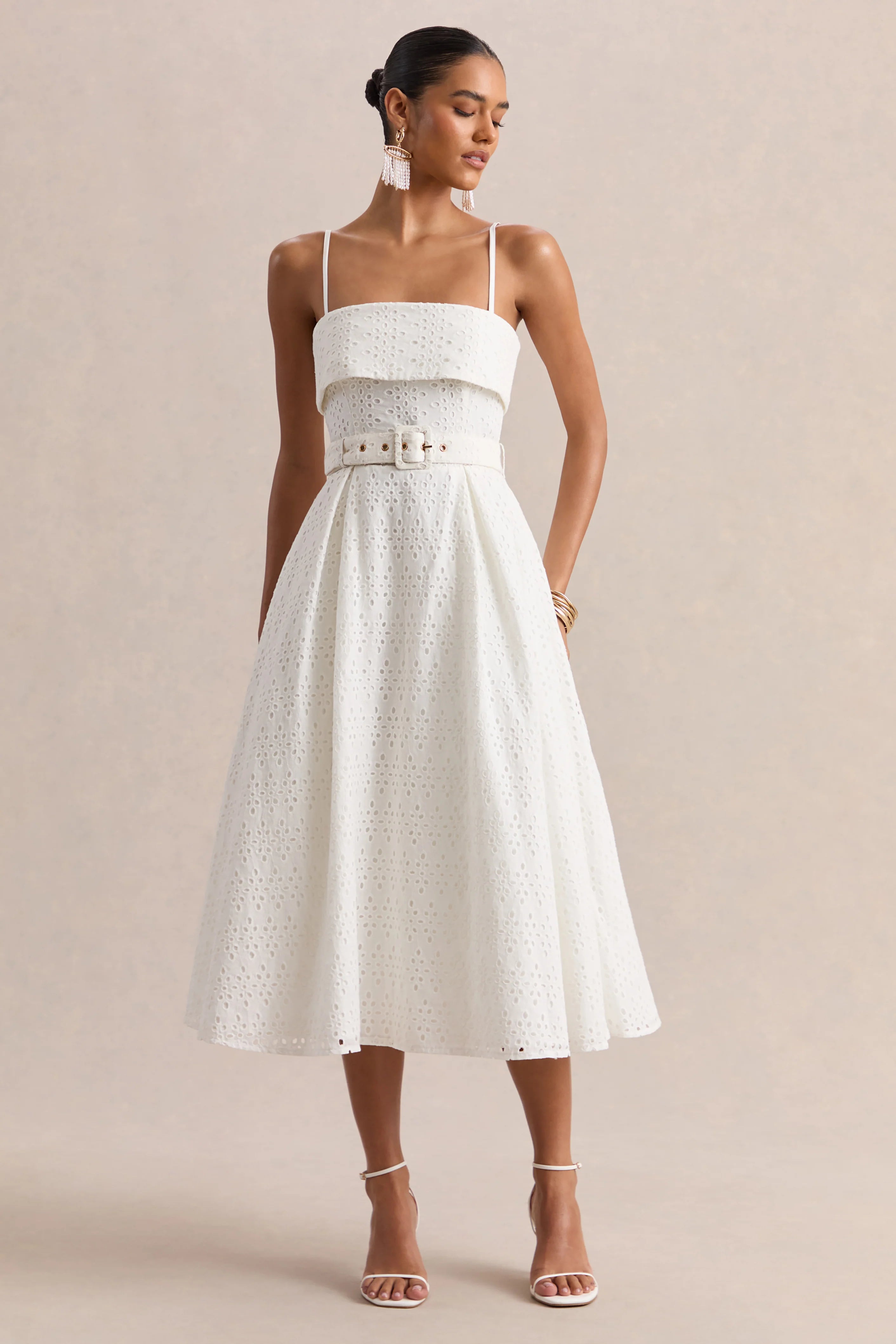Zoeva Cream Broderie Square Neck Belted Midi Dress