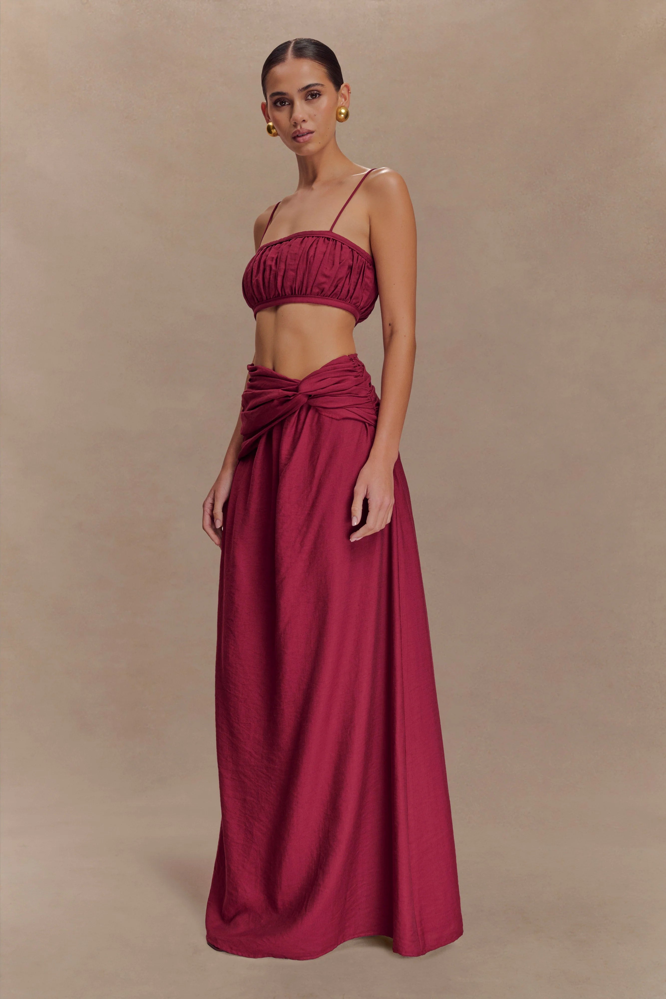 Scottie Gathered Linen Knot Maxi Skirt Wine