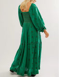 Women Floral Embroidered Maxi Dress Long Puff Sleeve Square Neck Bohemian Flowy Dress with Pockets Summer Fall