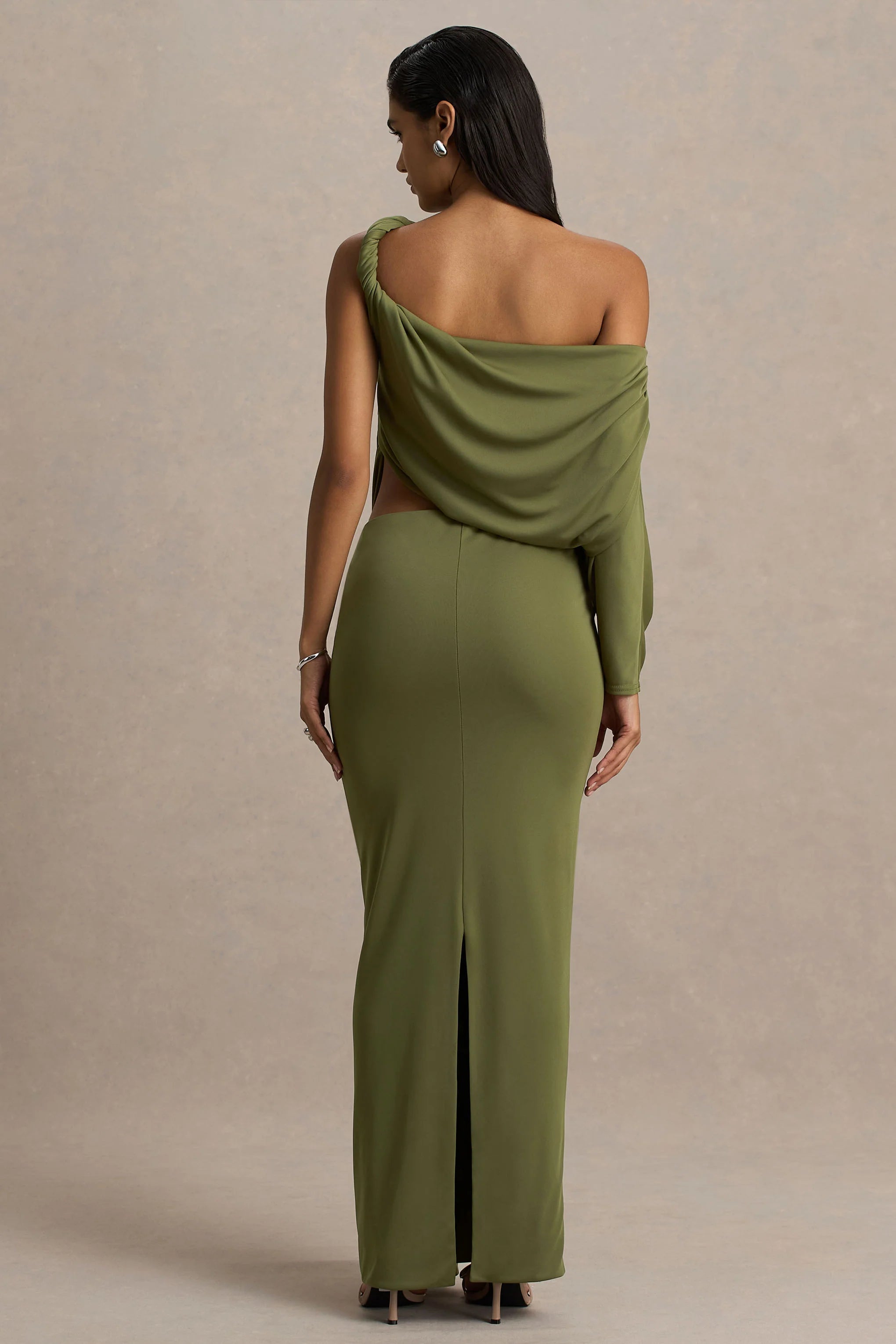 Layla Olive Asymmetric Neck Wrap Maxi Dress With Body Cut Out And Ruched Detailing