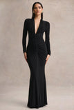 Tami Black Plunge Neck Long Sleeve Maxi Dress
