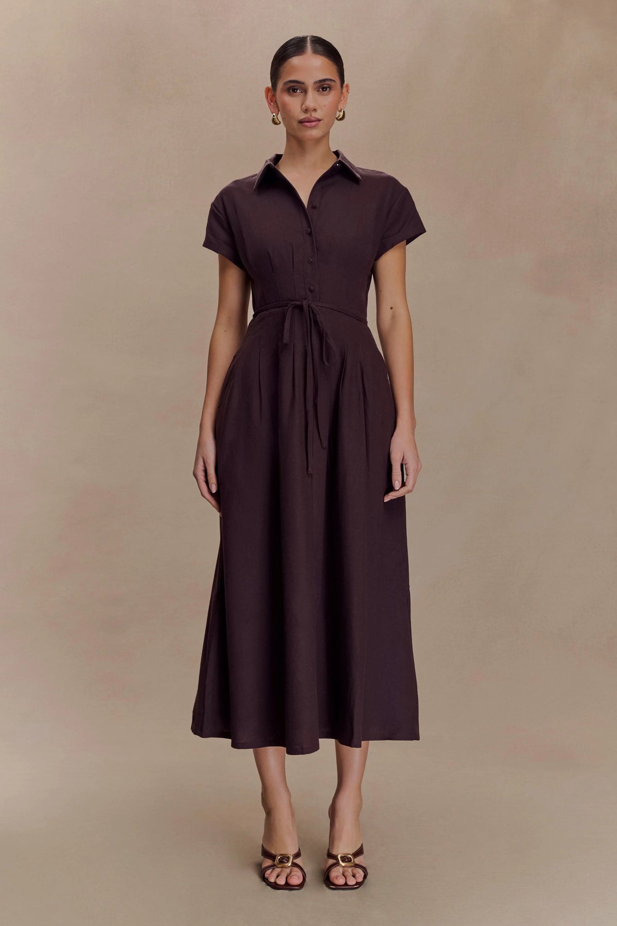 Aysha Buttoned Linen Midi Dress Chocolate