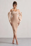 Couture Client Champagne Halter Neck Puff Sleeve Midi Dress