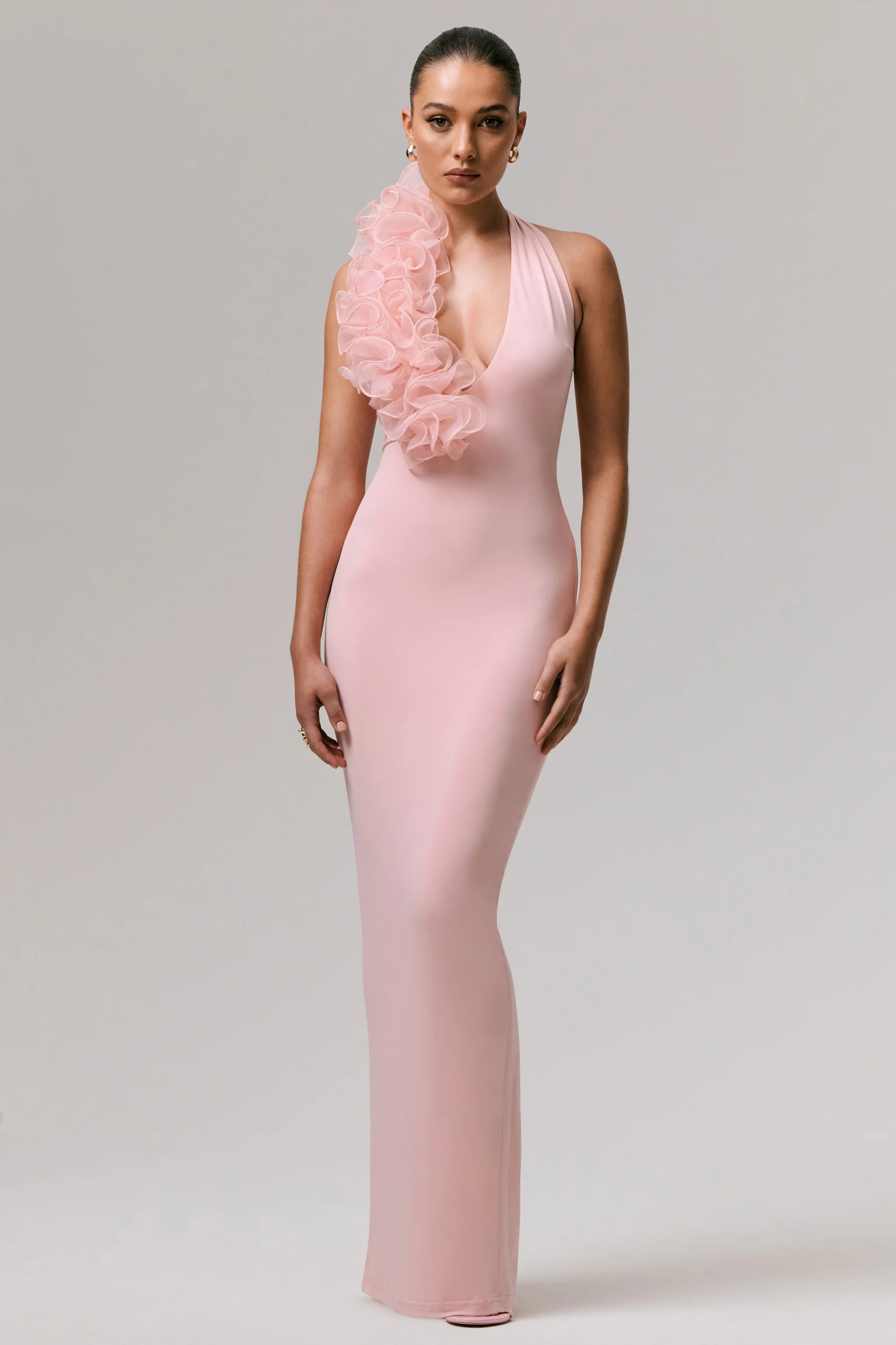 Harriet Pink Plunge Neck Maxi Dress With Floral Detail