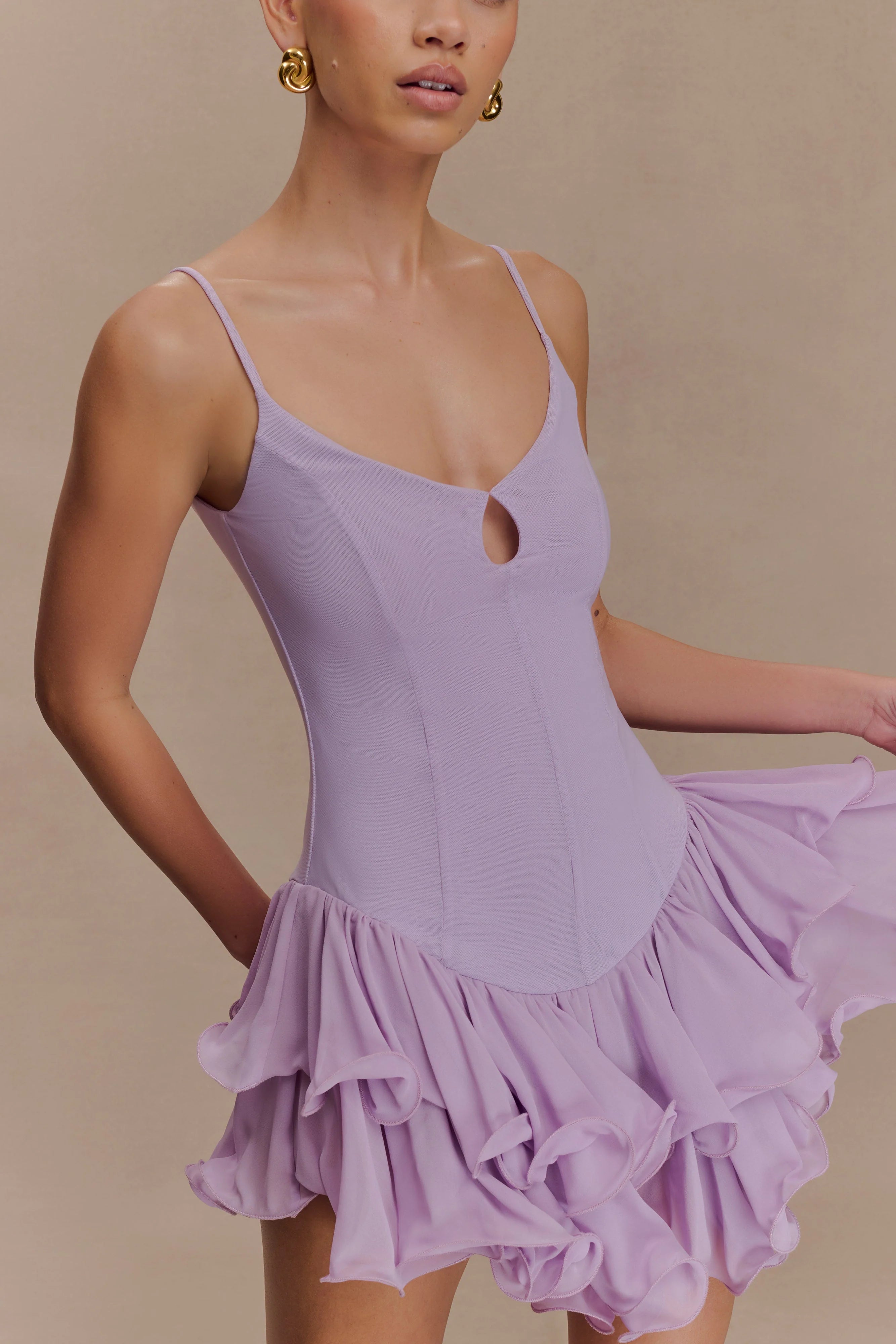 Calantha Ruffle Mesh Mini Dress Lilac