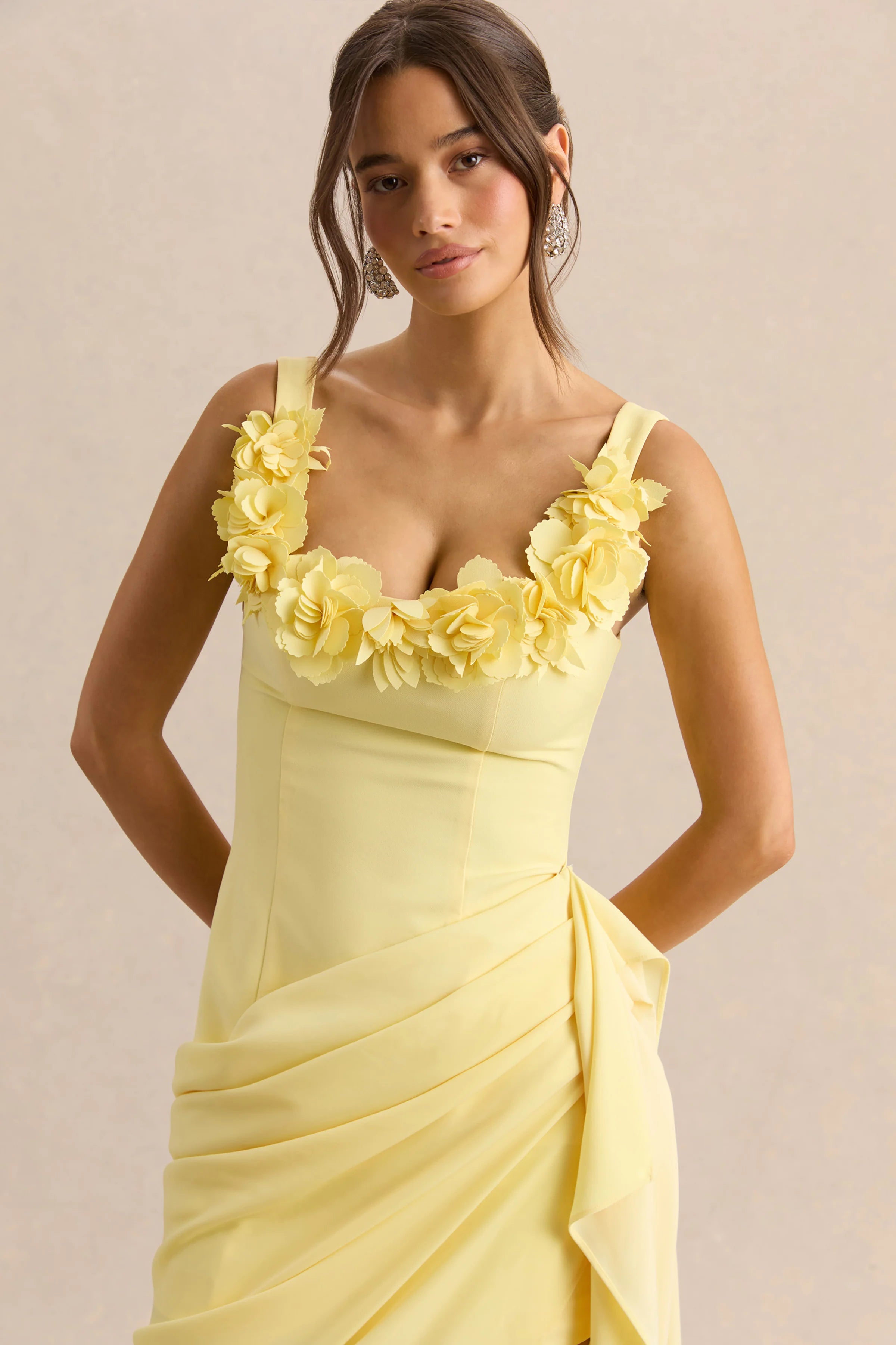 Letitia Lemon Scoop Neck Embellished Wrap Midi Dress