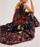 Women Floral Maxi Dress Tie Shoulder Patchwork Smocked Flowy Boho Dress with Pockets Summer Vacation Sundress