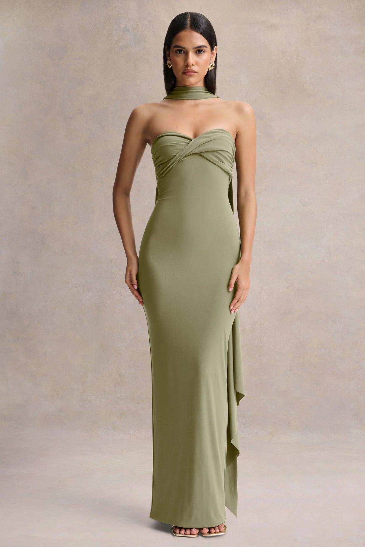 Sheila Olive Bandeau Maxi Dress With Scarf Detail