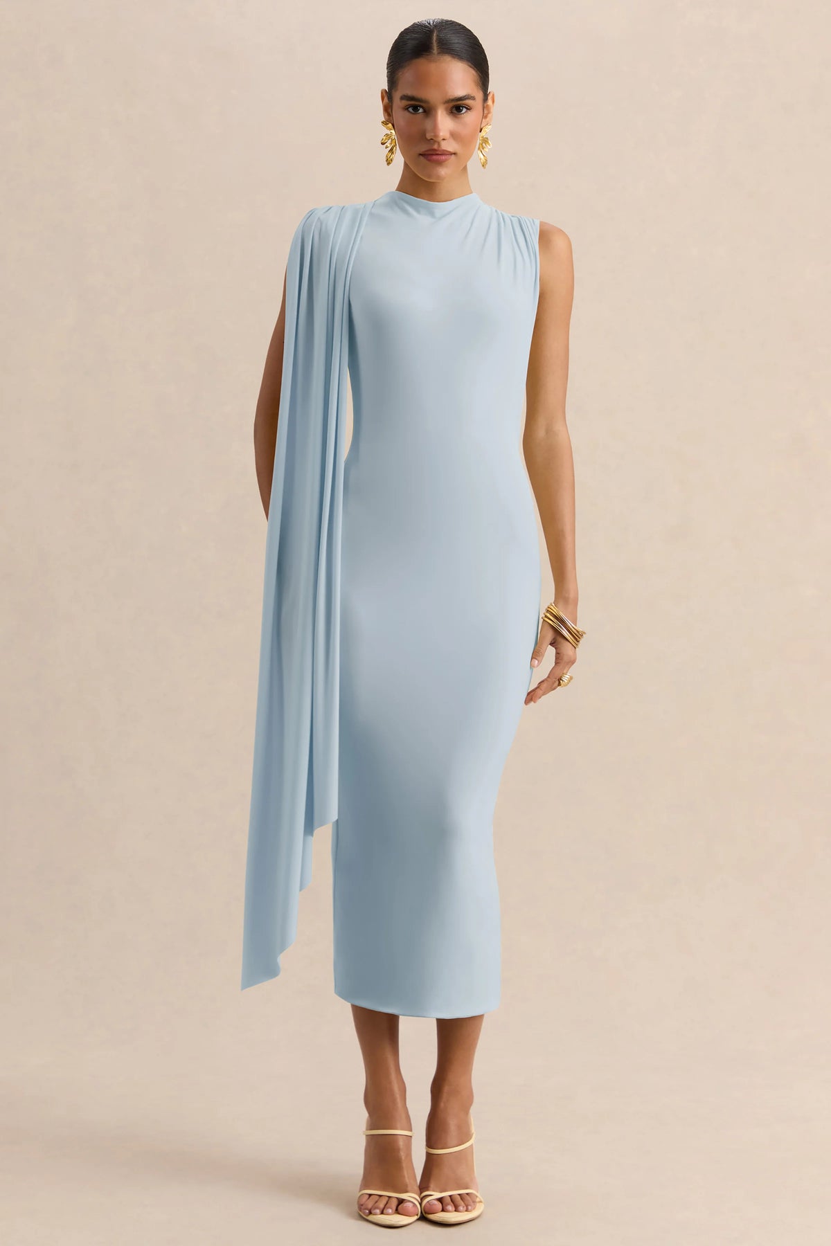 Oleandra Light Blue High Neck Midi Dress With Draped Detail