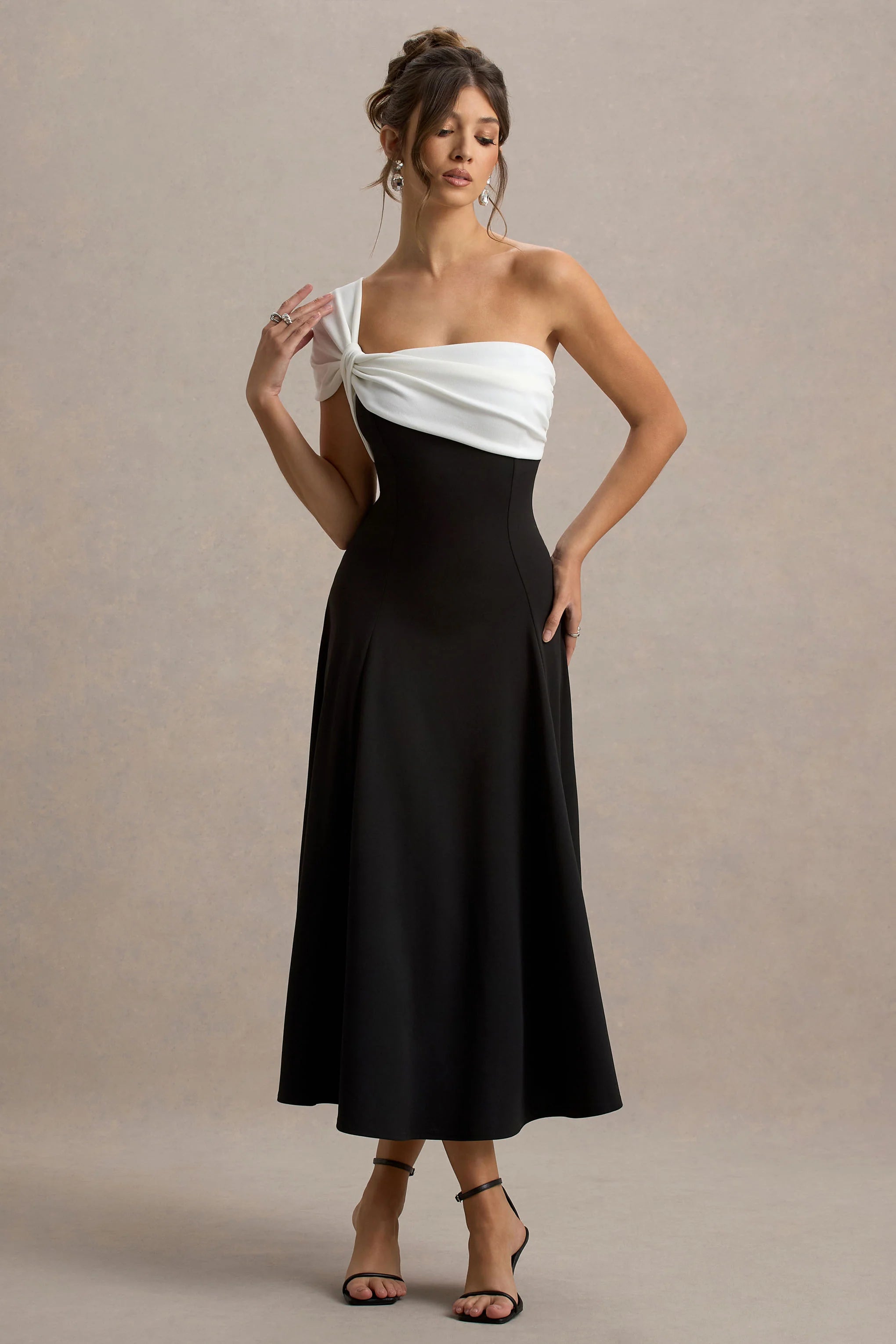 Malta Black White One Shoulder Midi Dress