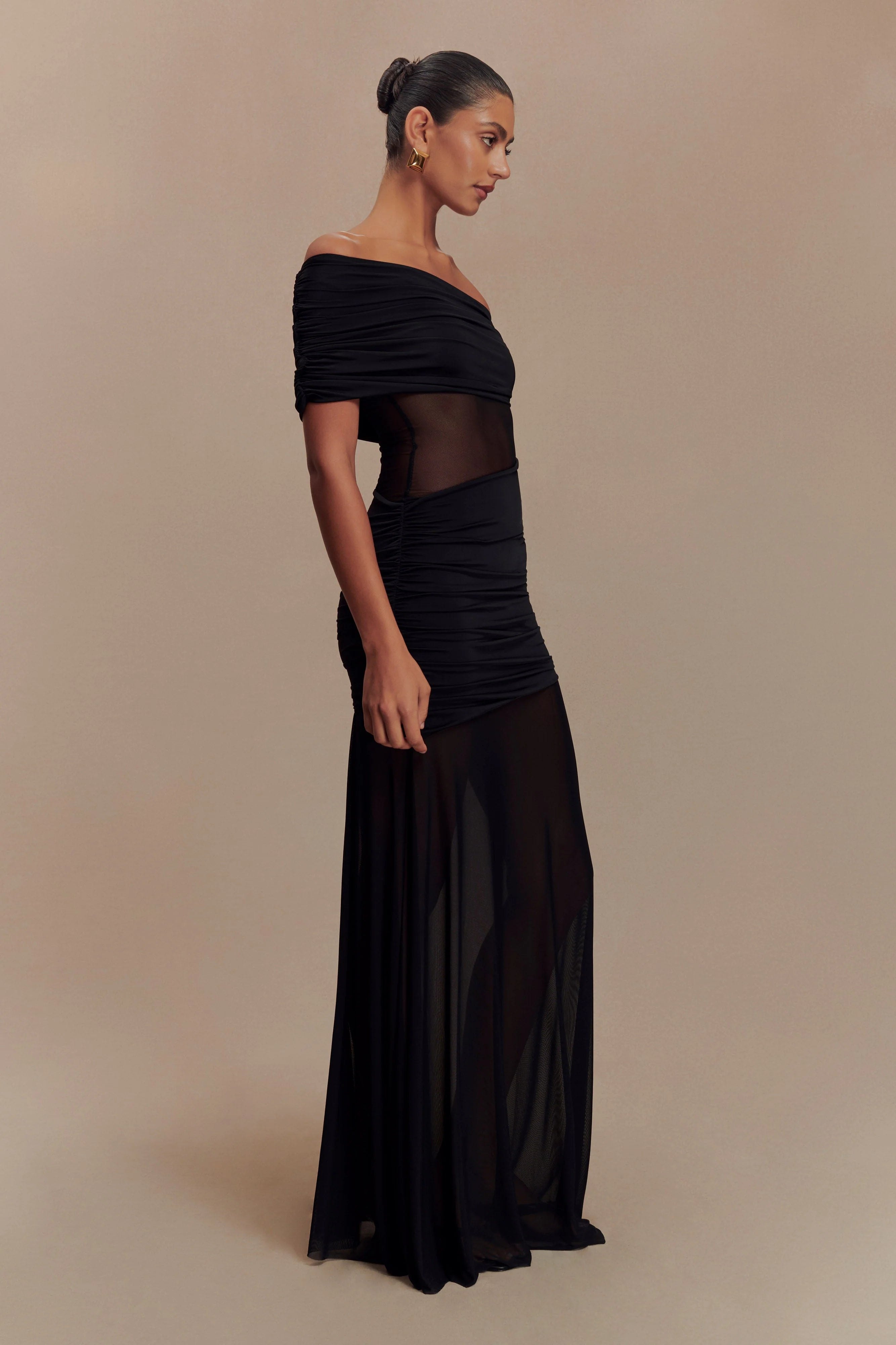 Dallas One Shoulder Mesh Maxi Dress Black