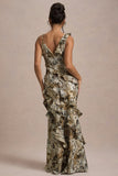 Wispy Snake Print Plunge Neck Ruffled Maxi Dress