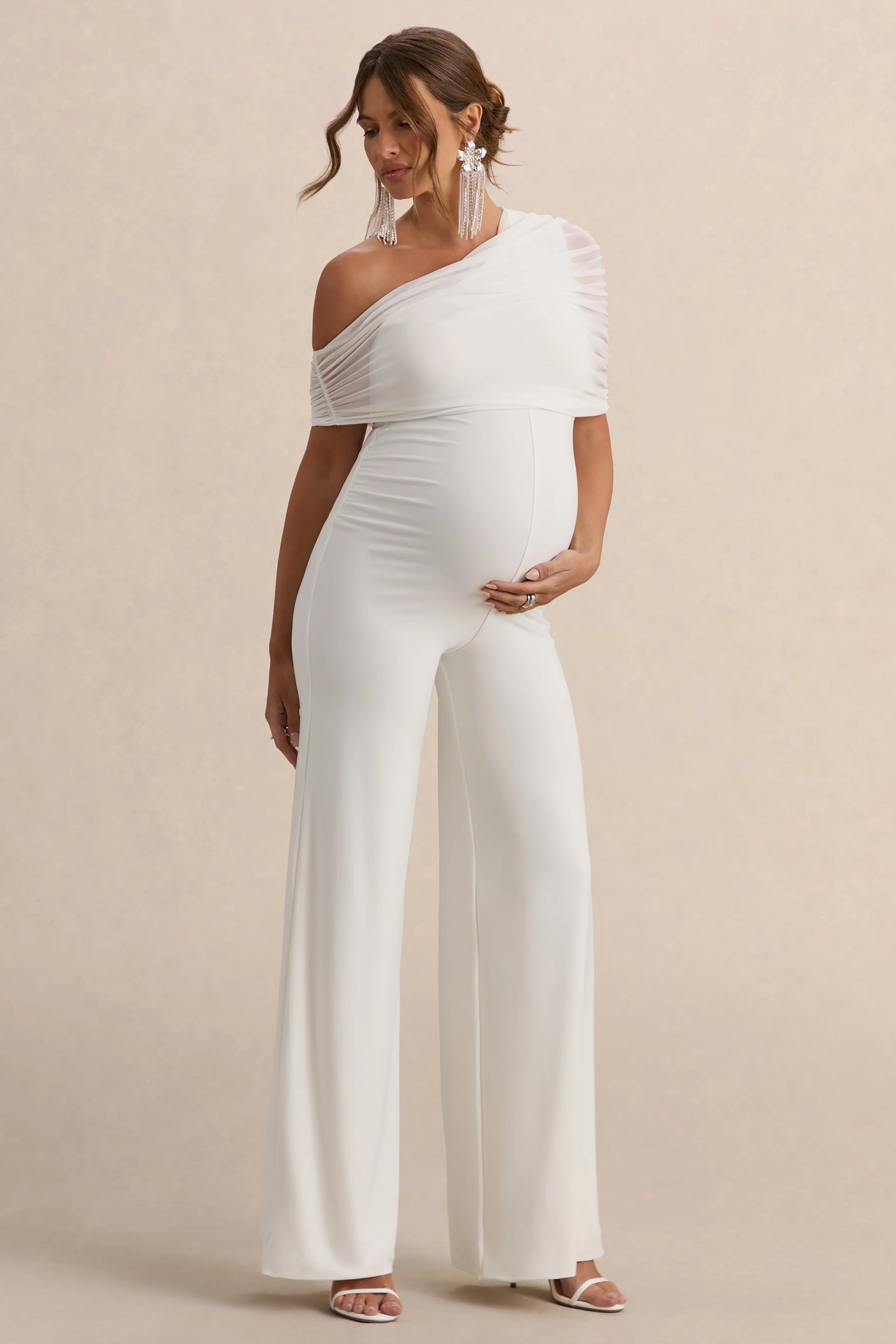 Mariska White Asymmetric Neck Maternity Jumpsuit