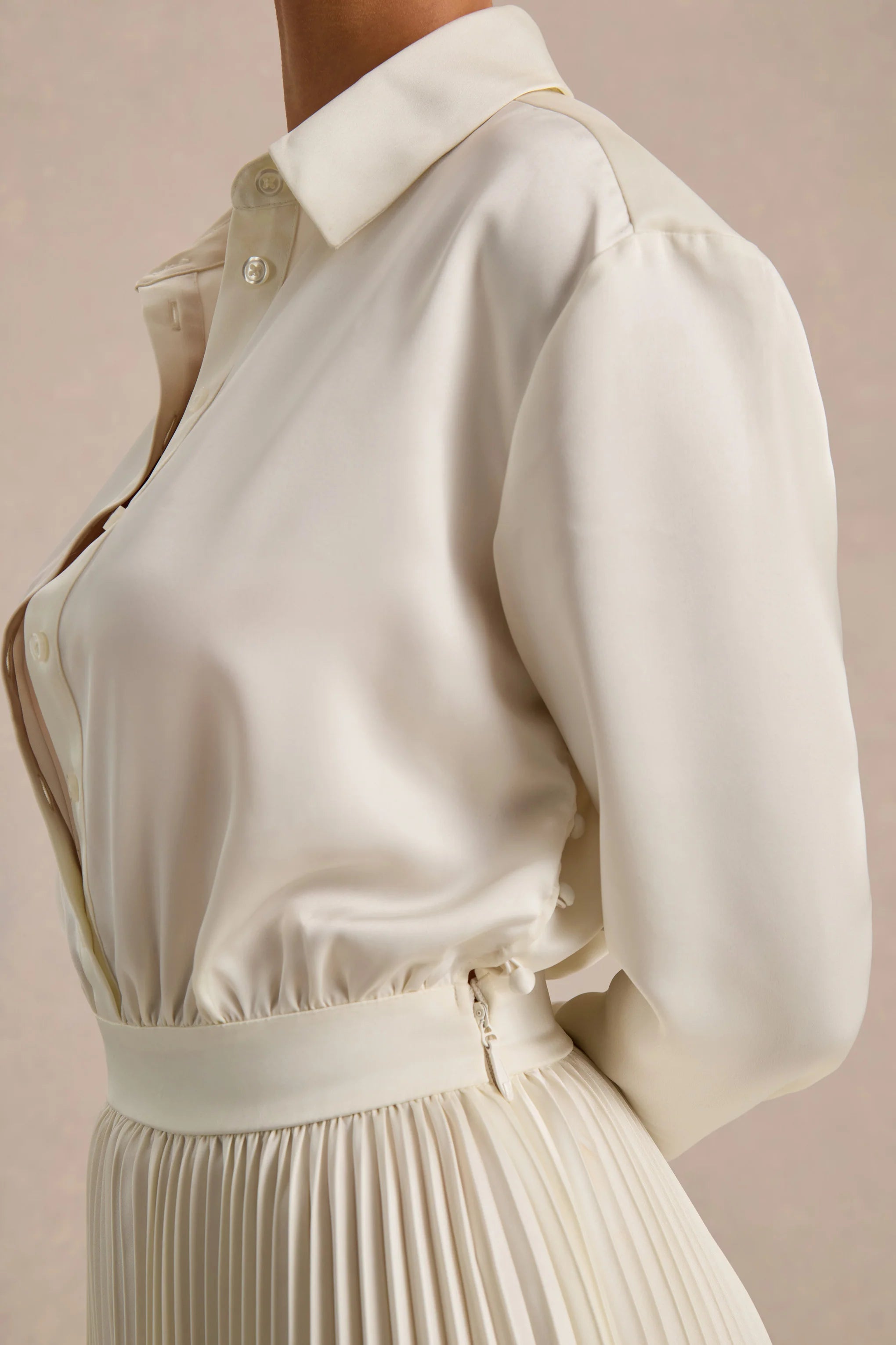 Naxos Cream Satin Shirt Maxi Dress With Pleated Skirt