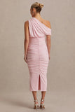 Linnea Blush Pink Asymmetric Neck Maternity Midi Dress